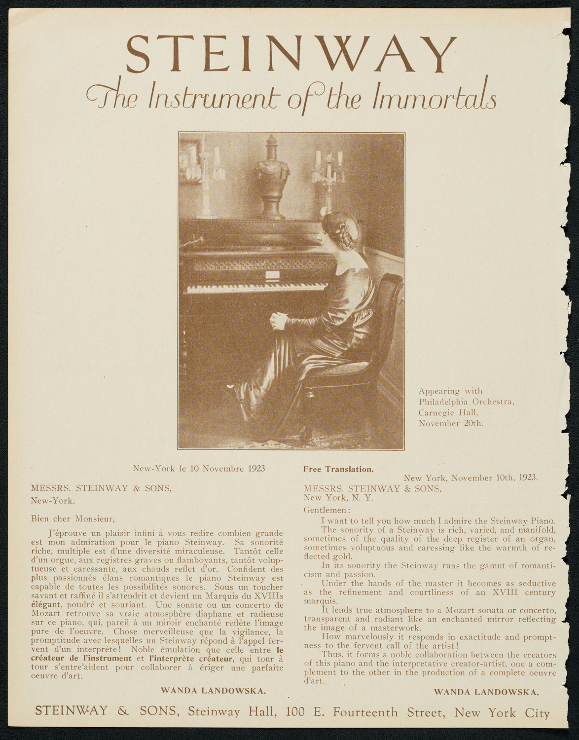 Philadelphia Orchestra, November 20, 1923, program page 4