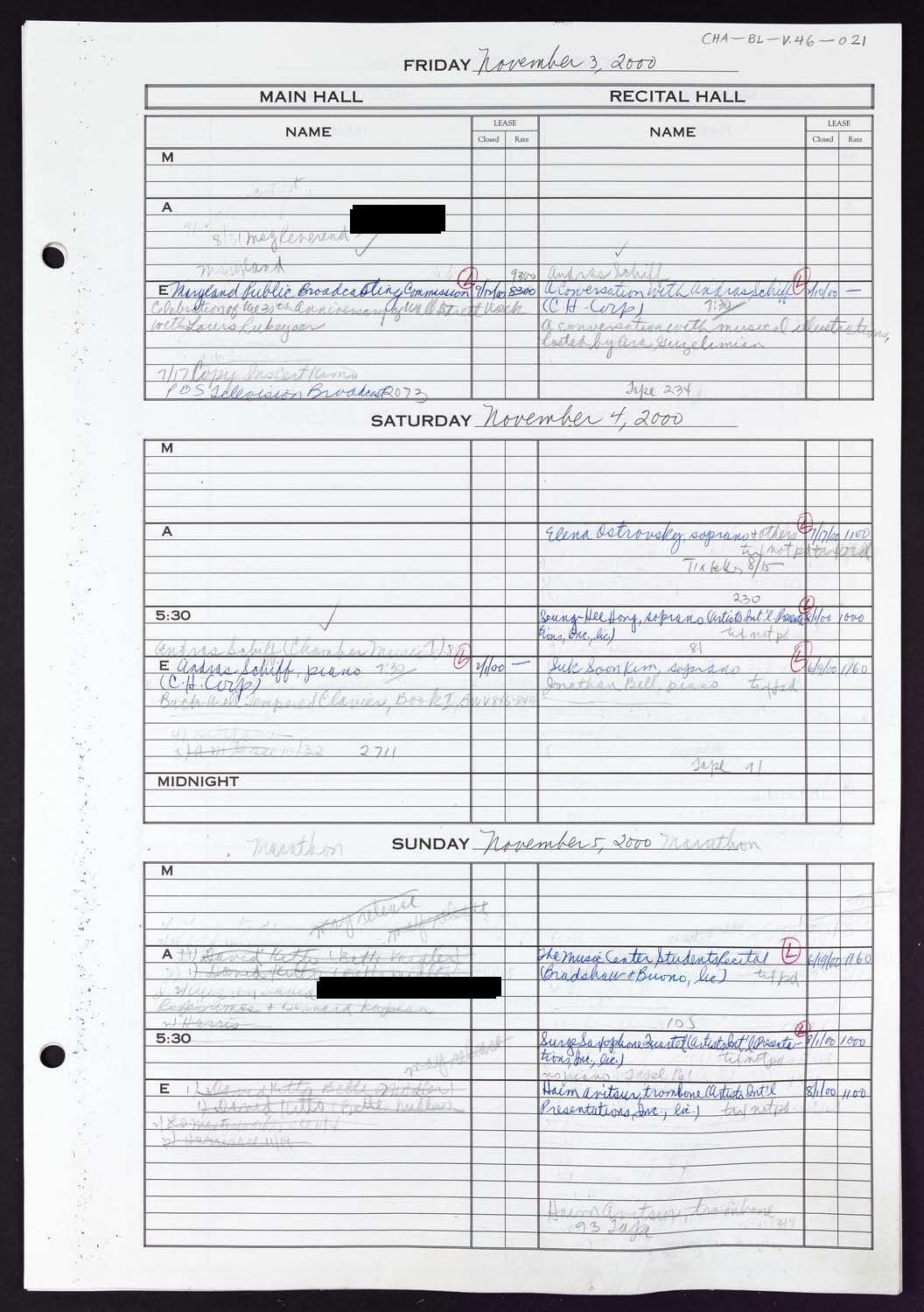 Carnegie Hall Booking Ledger, volume 46, page 21