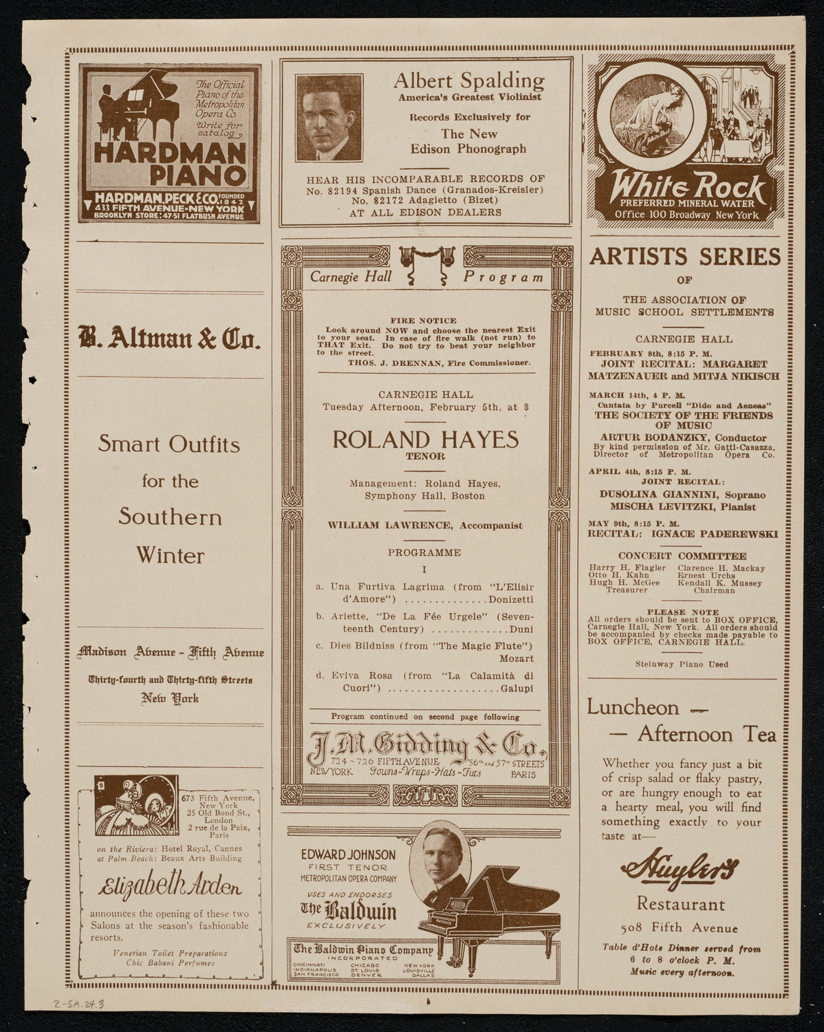 Roland Hayes, Tenor, February 5, 1924, program page 5