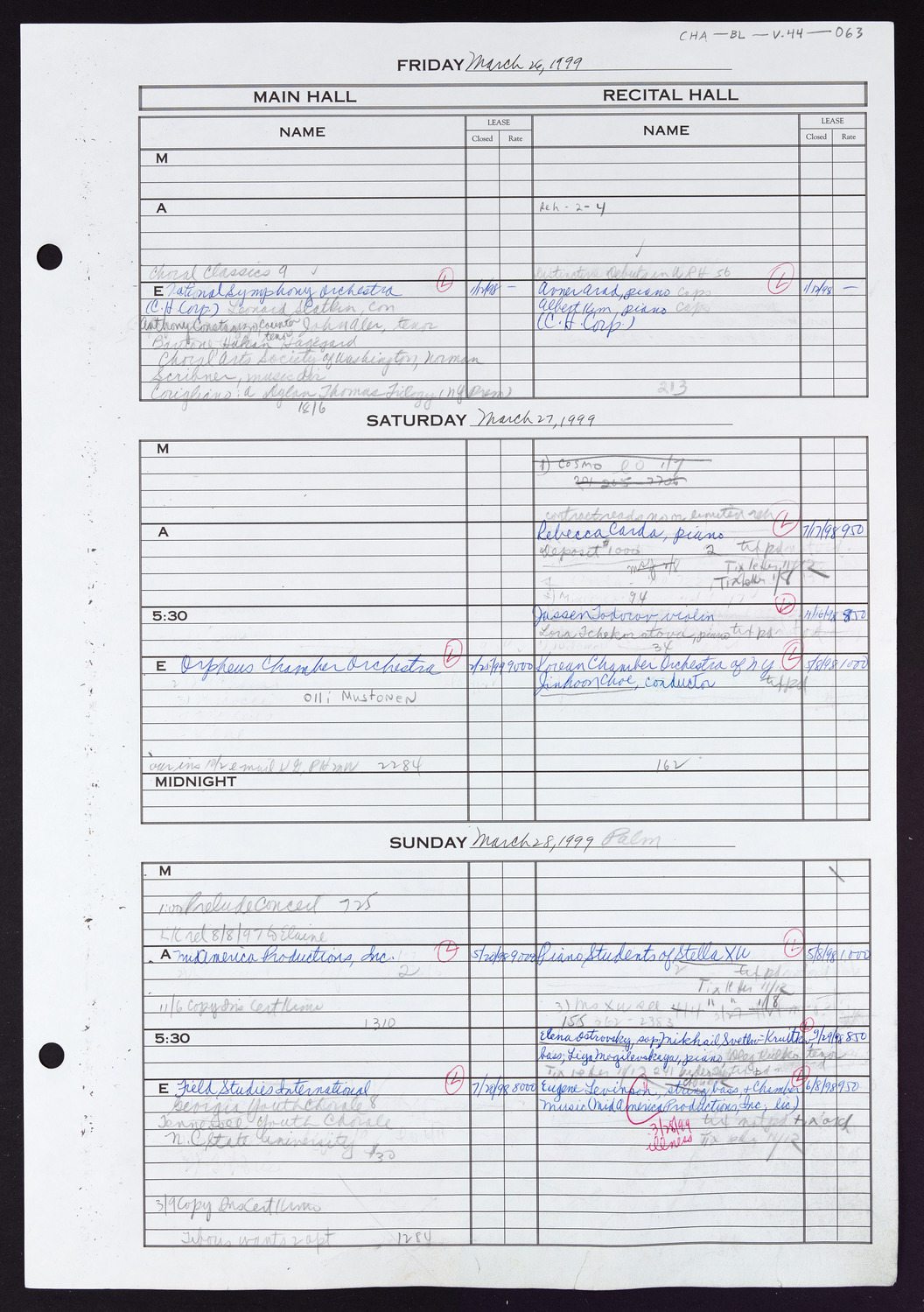 Carnegie Hall Booking Ledger, volume 44, page 63