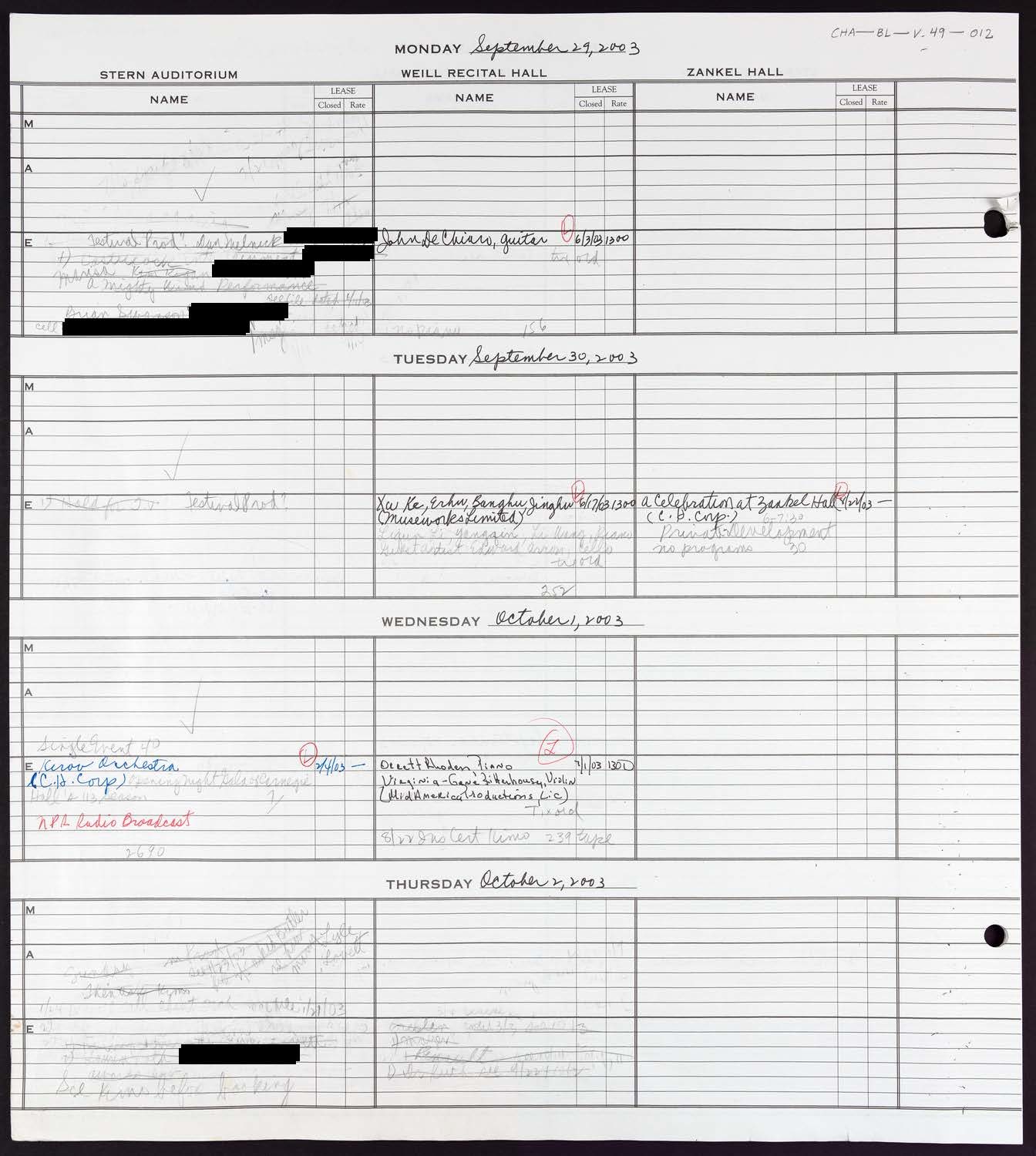 Carnegie Hall Booking Ledger, volume 49, page 12