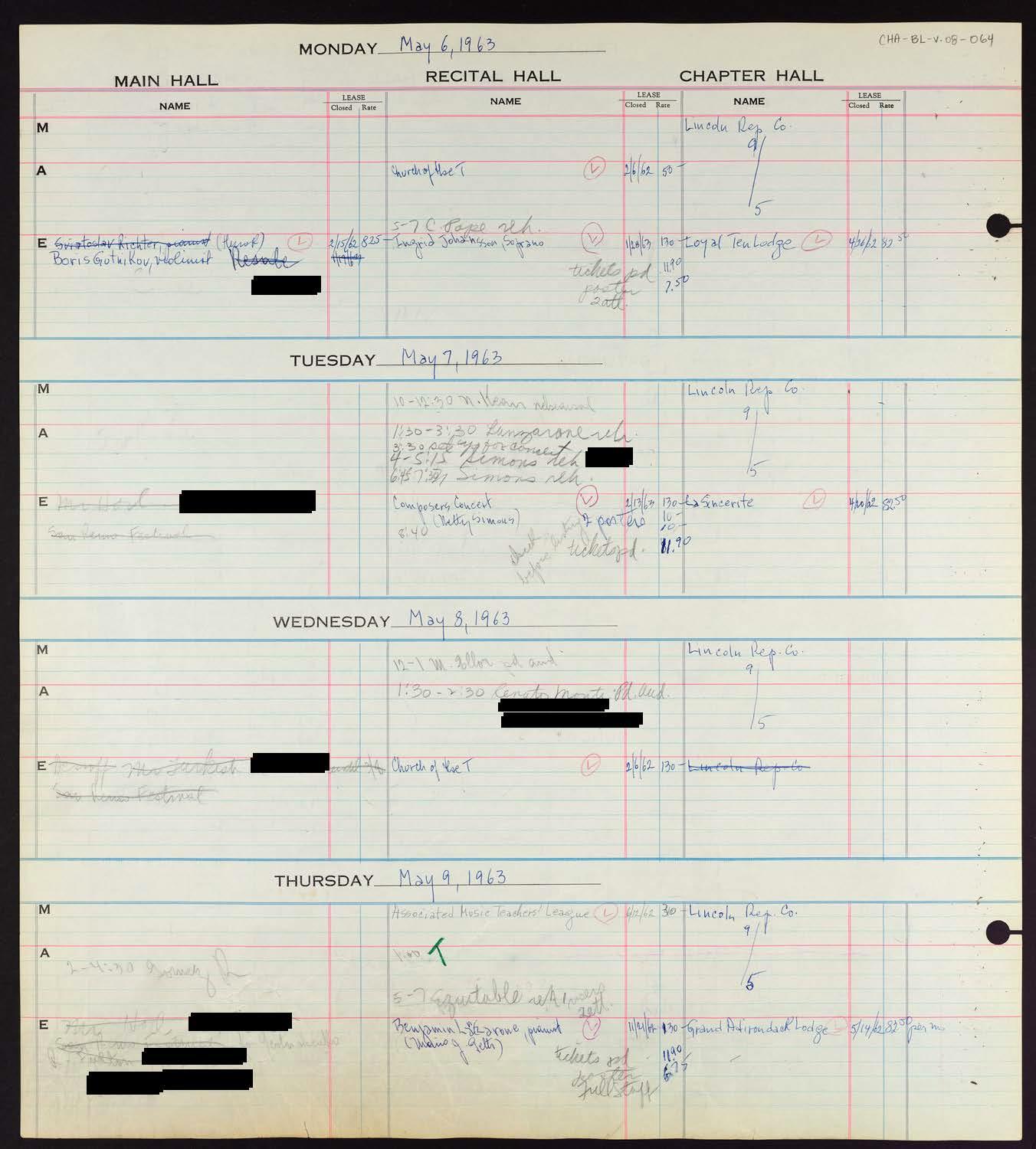 Carnegie Hall Booking Ledger, volume 8, page 64