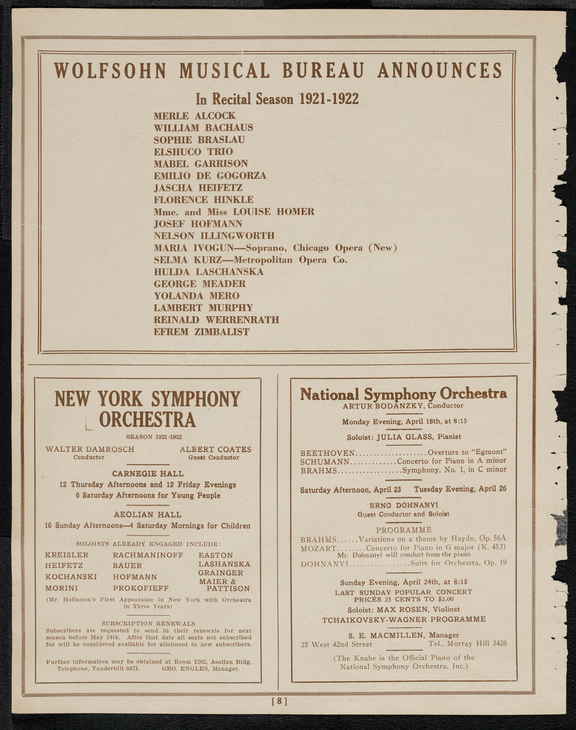 National Symphony Orchestra, April 16, 1921, program page 8