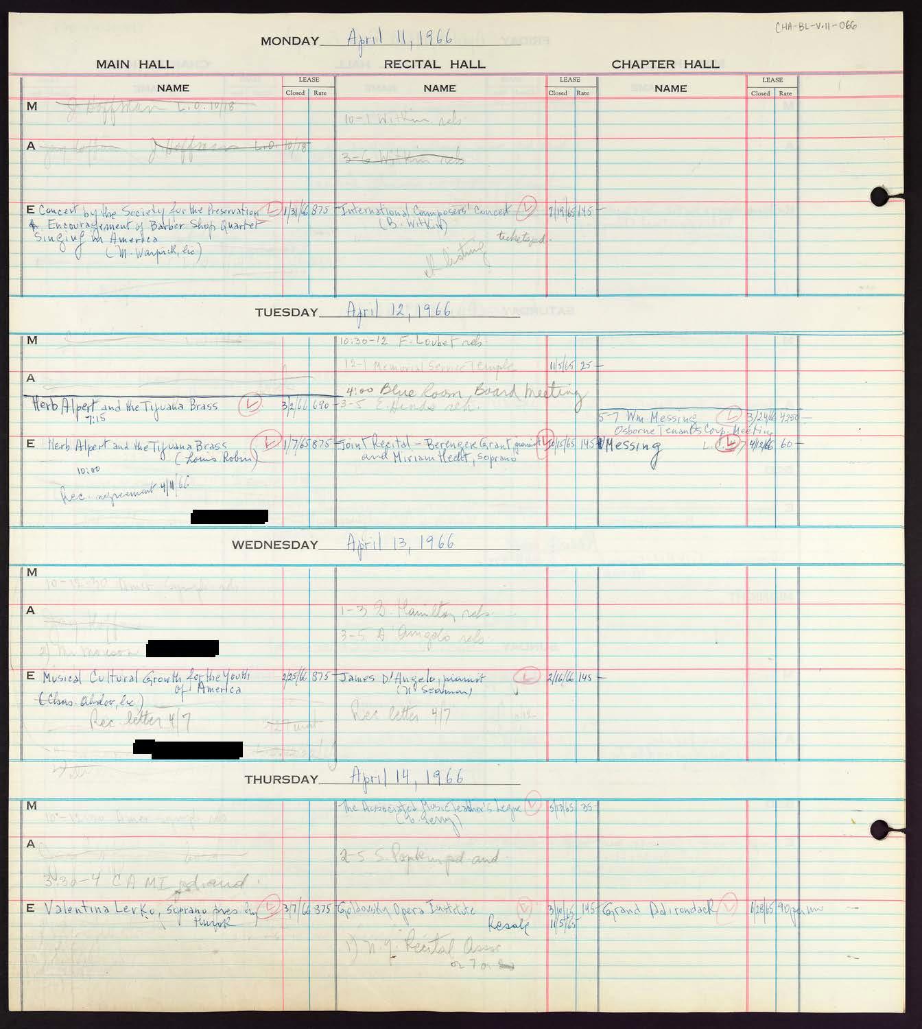 Carnegie Hall Booking Ledger, volume 11, page 66