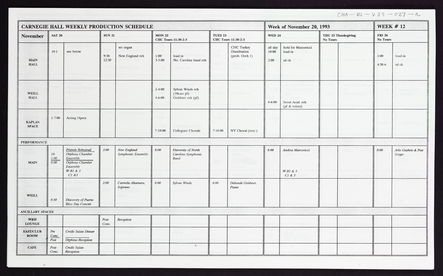 Carnegie Hall Booking Ledger, volume 39, page 27a