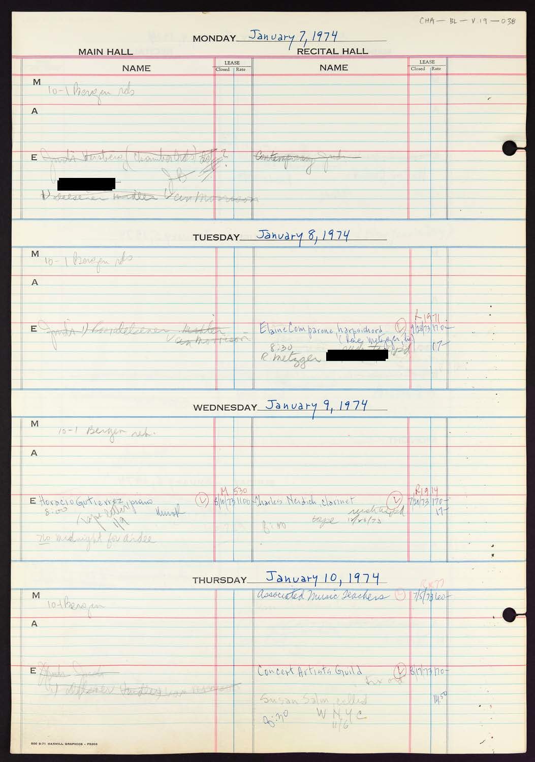 Carnegie Hall Booking Ledger, volume 19, page 38