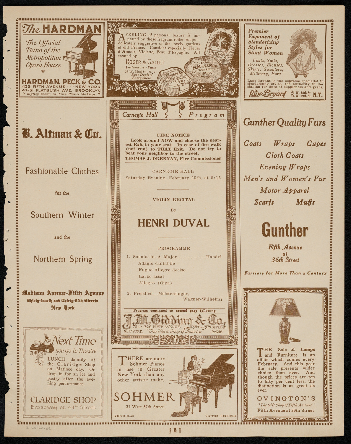 Henri Duval, Violin, February 25, 1922, program page 5
