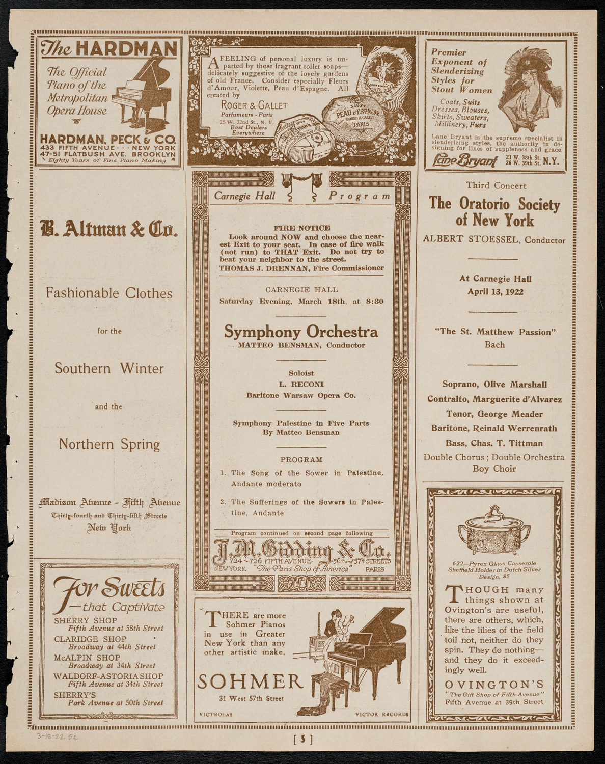 Orchestral concert by Matteo Bensman, March 18, 1922, program page 5