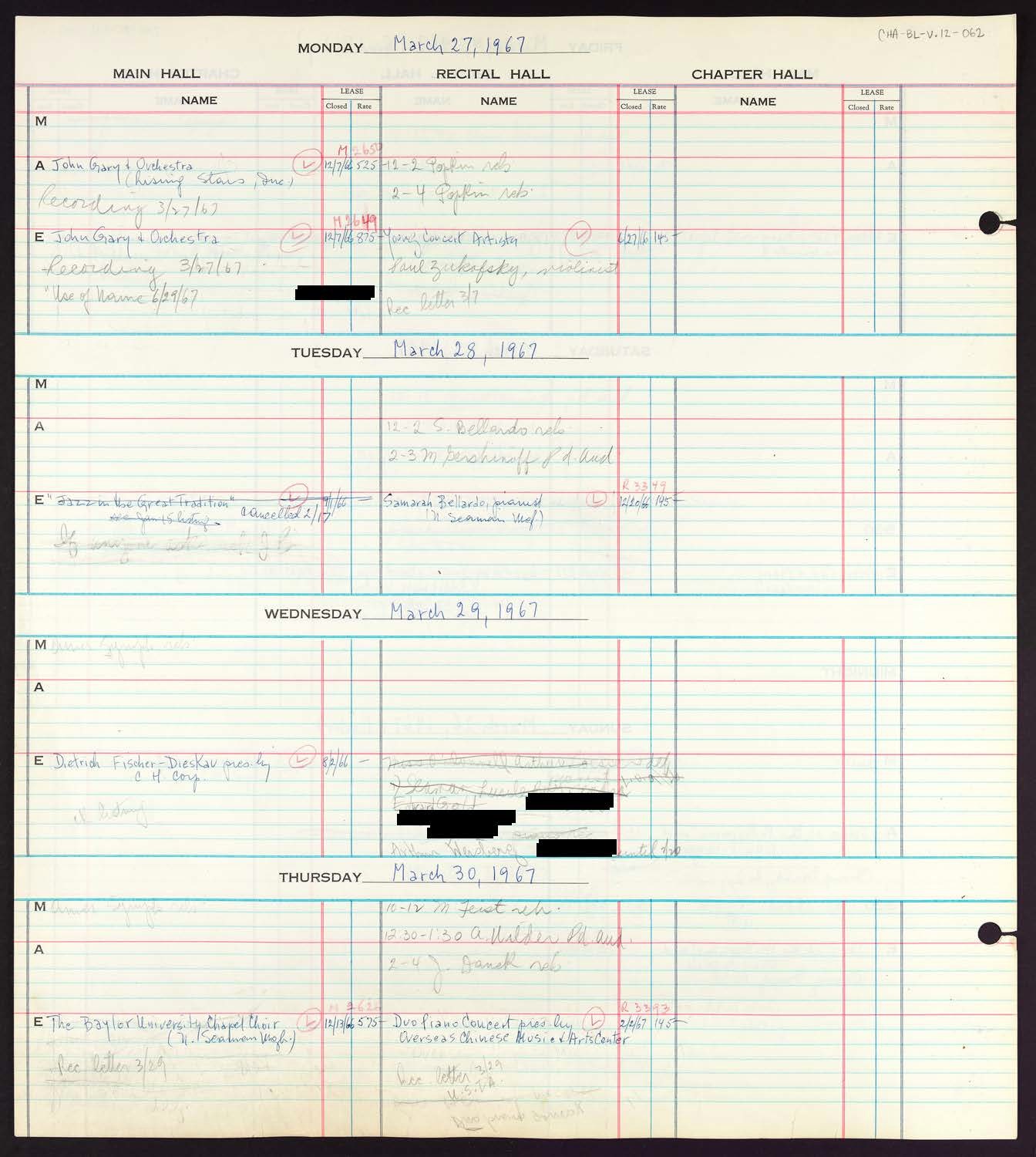 Carnegie Hall Booking Ledger, volume 12, page 62