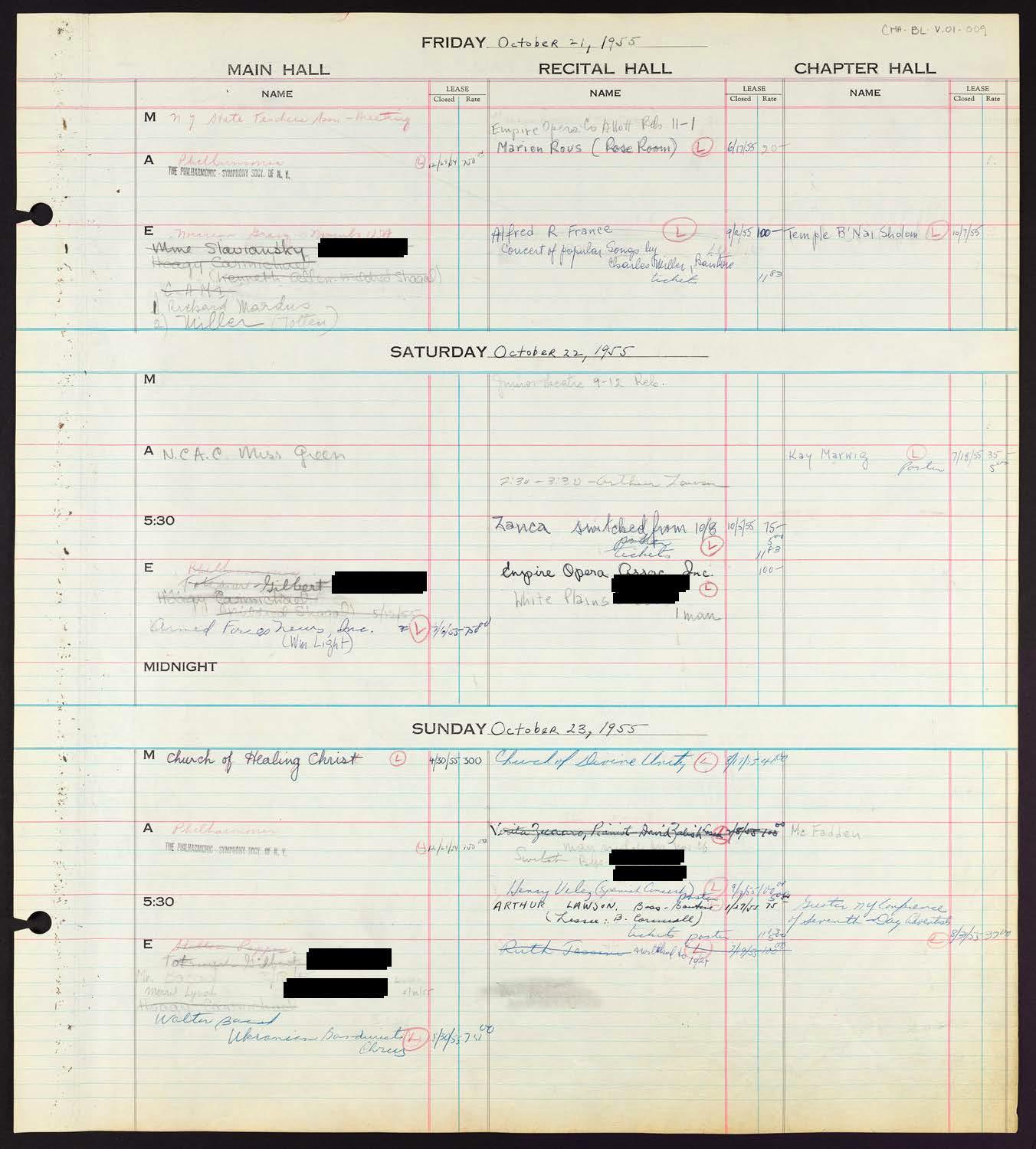 Carnegie Hall Booking Ledger, volume 1, page 9