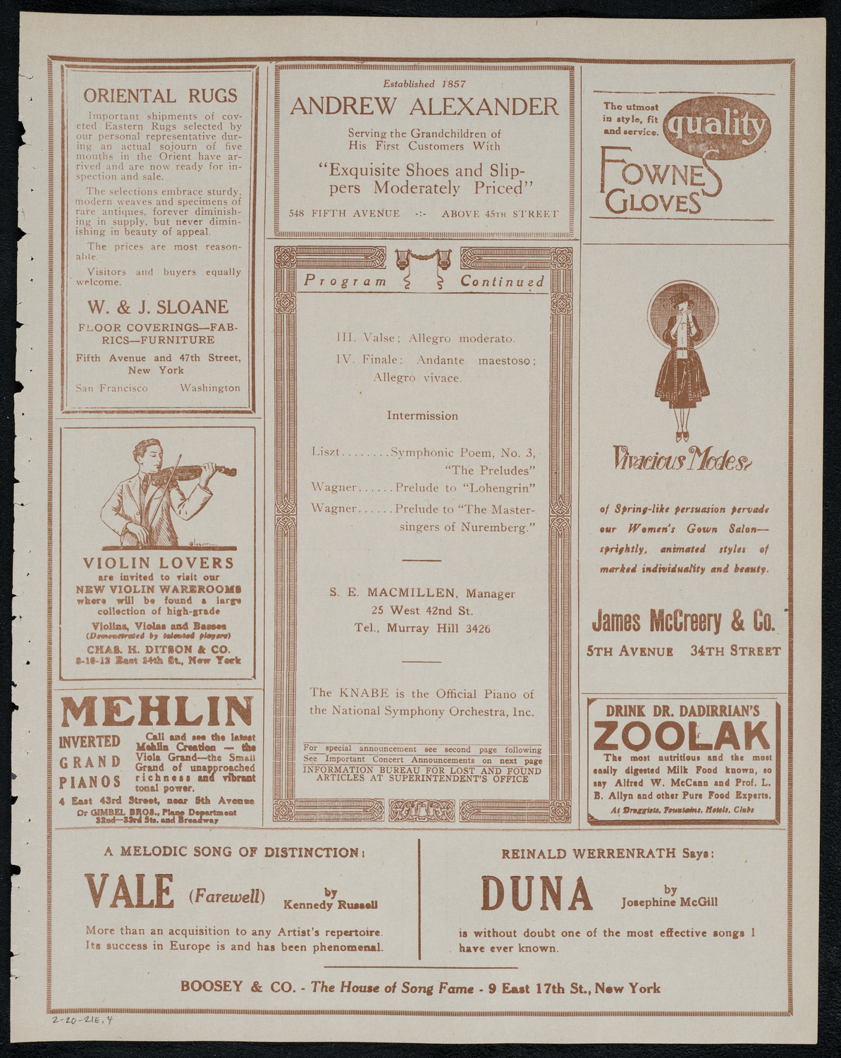 National Symphony Orchestra, February 20, 1921, program page 7