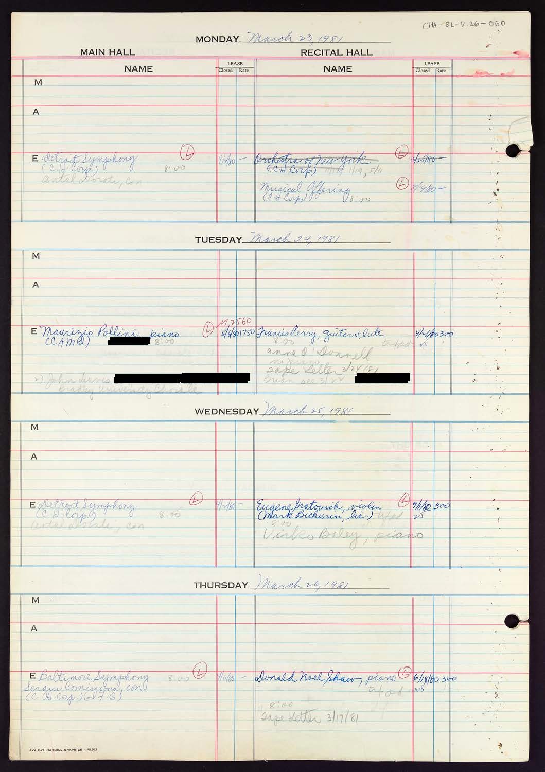 Carnegie Hall Booking Ledger, volume 26, page 60