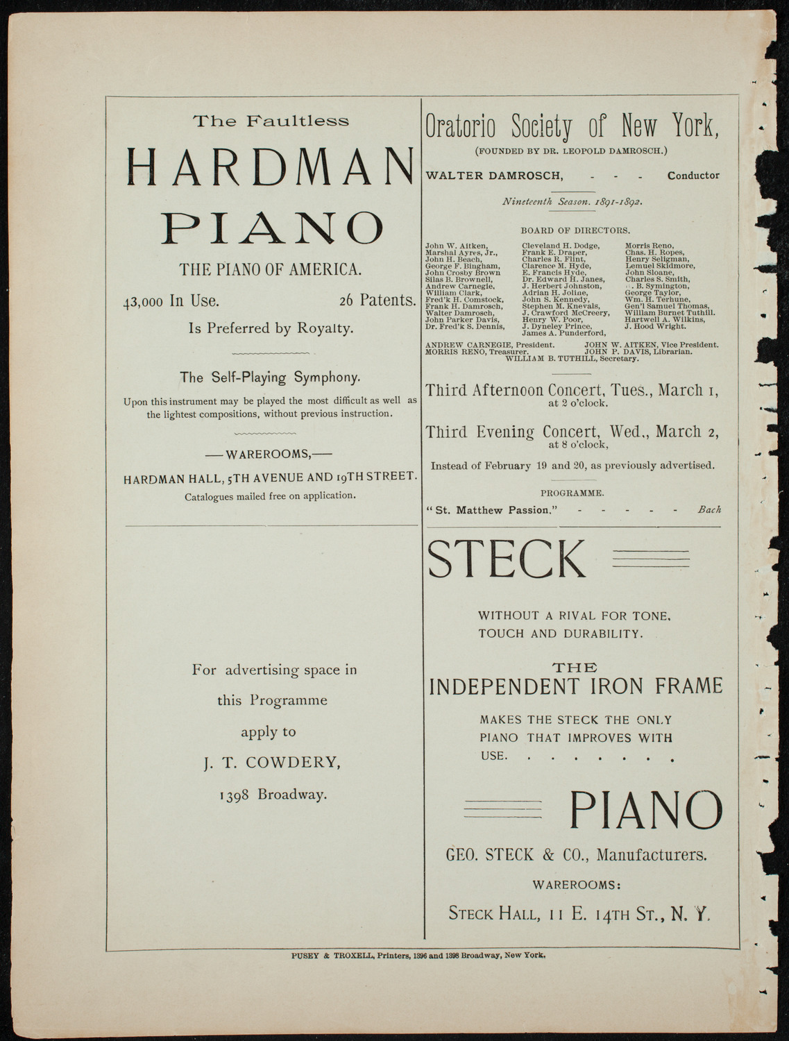 Damrosch Sunday Concert, January 17, 1892, program page 12