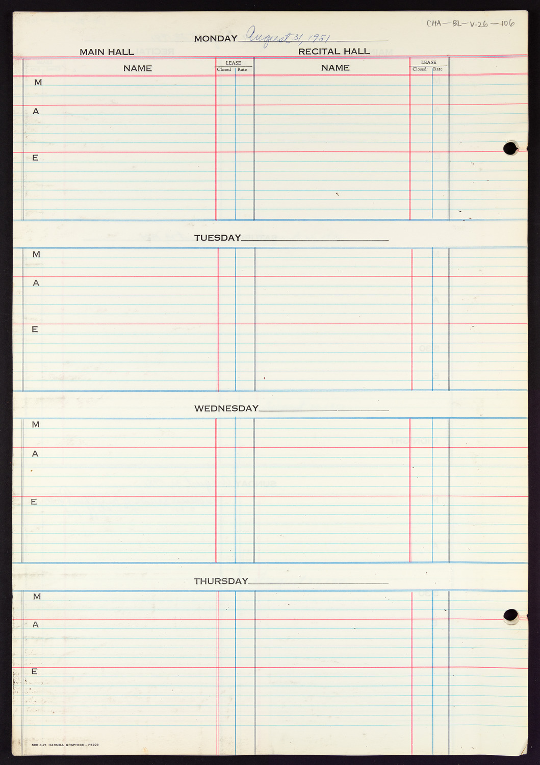 Carnegie Hall Booking Ledger, volume 26, page 106