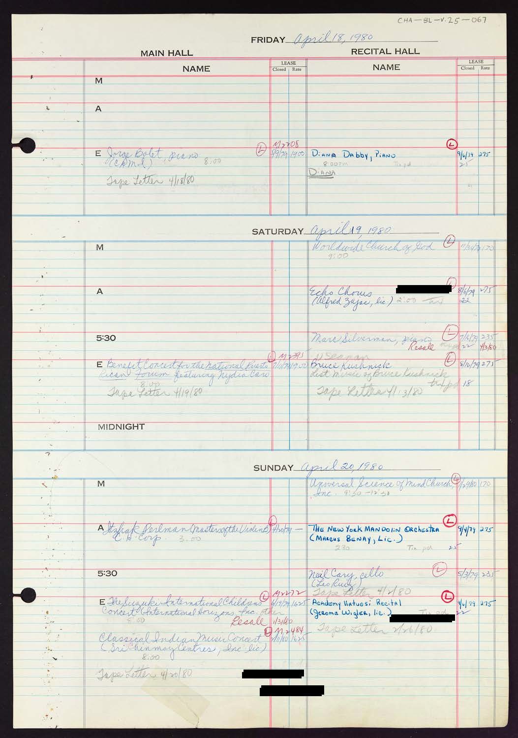 Carnegie Hall Booking Ledger, volume 25, page 67