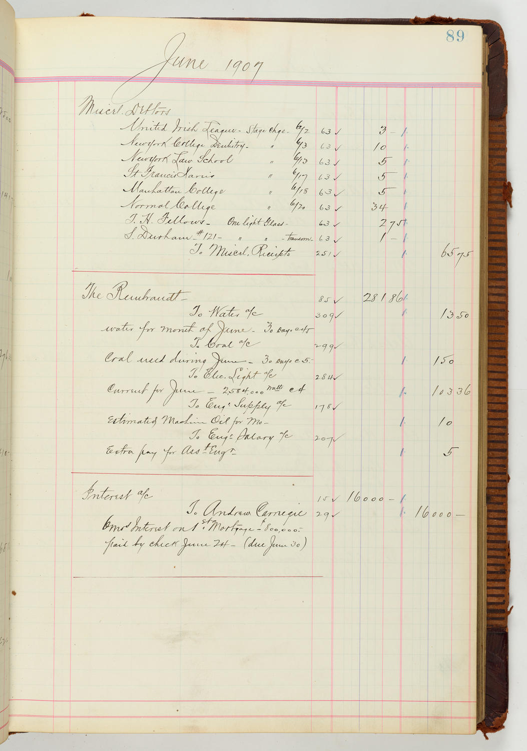 Music Hall Accounting Ledger Journal, volume 7, page 89