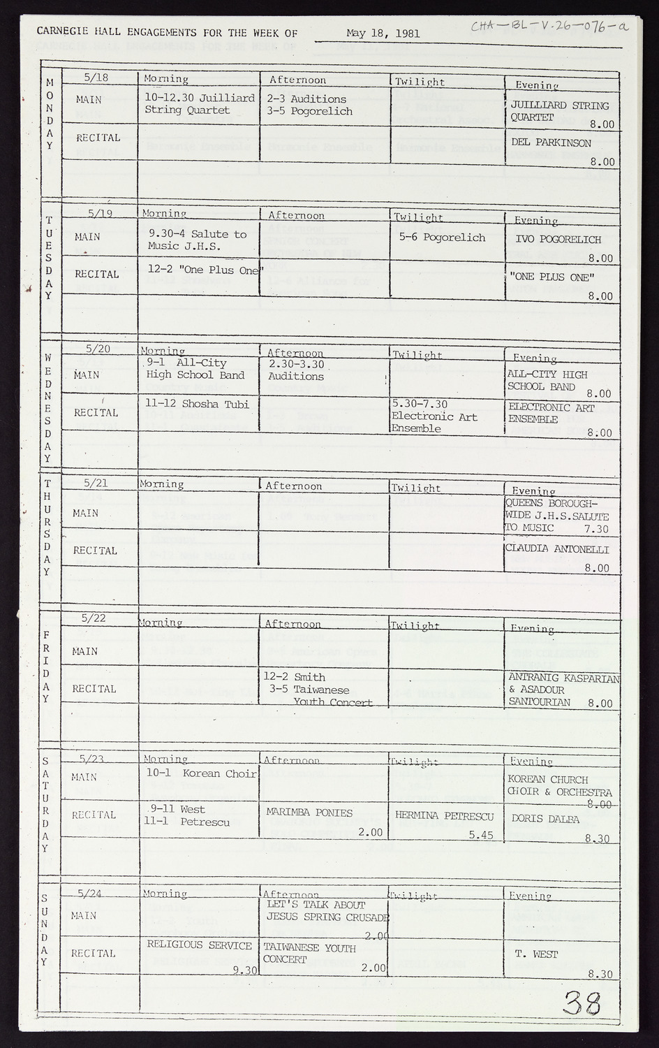 Carnegie Hall Booking Ledger, volume 26, page 76a