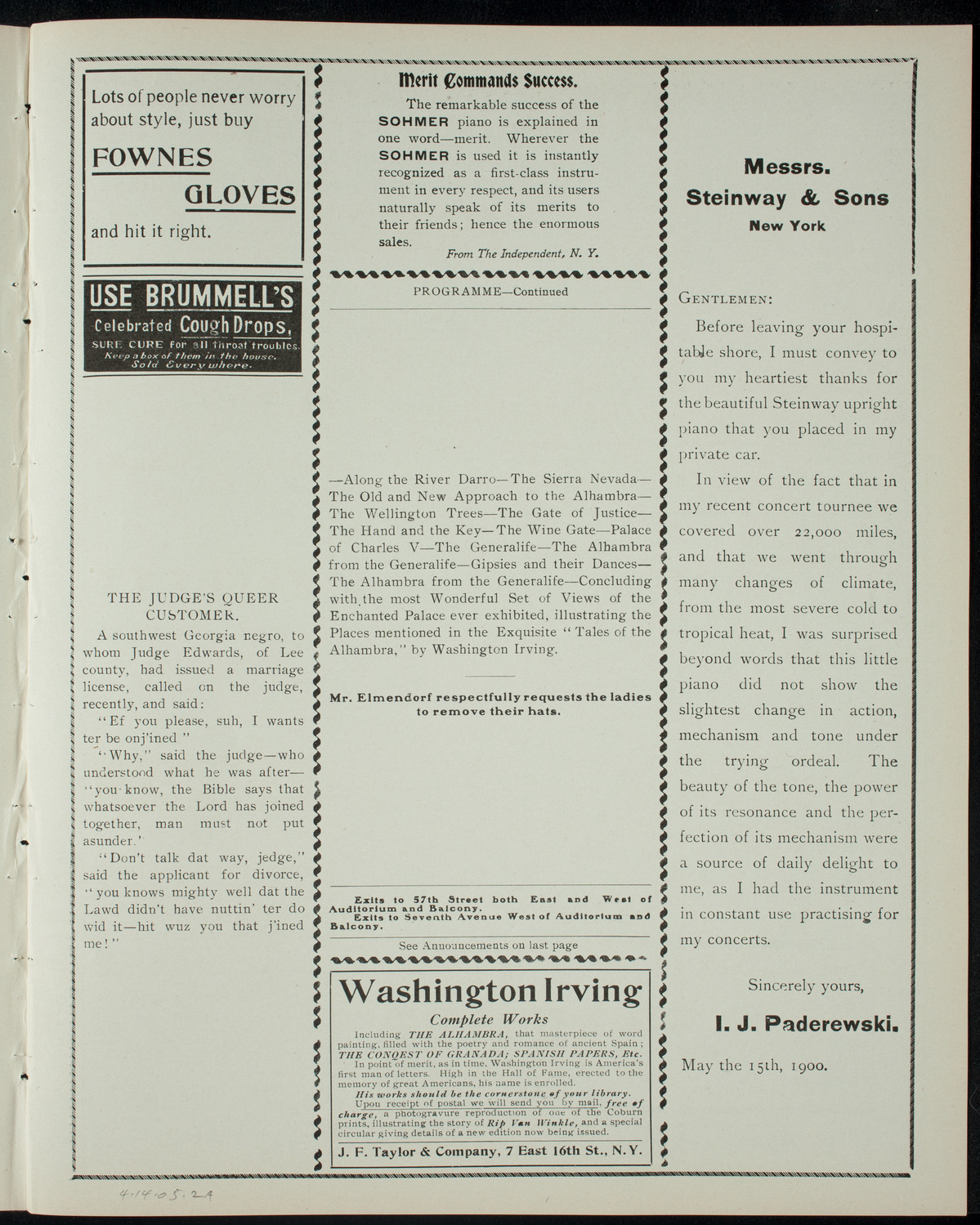 Elmendorf Lecture: Tales of the Alhambra, April 14, 1905, program page 3