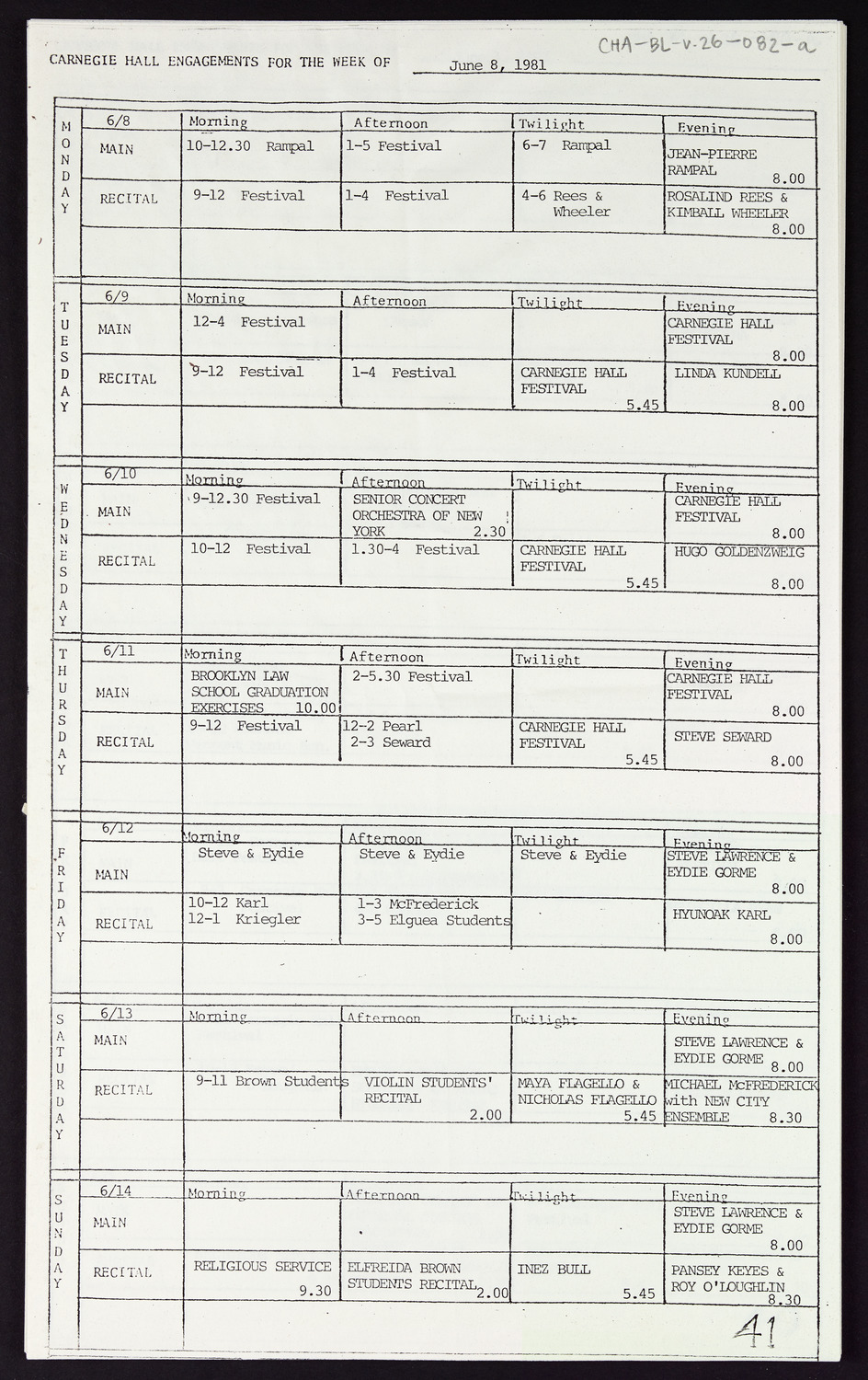 Carnegie Hall Booking Ledger, volume 26, page 82a