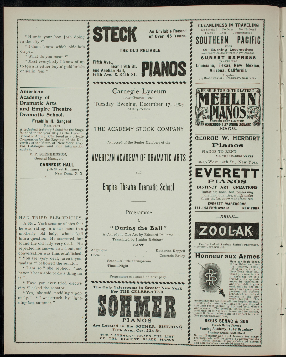 Academy Stock Company of the American Academy of the Dramatic Arts/Empire Theatre Dramatic School, January 17, 1905, program page 2