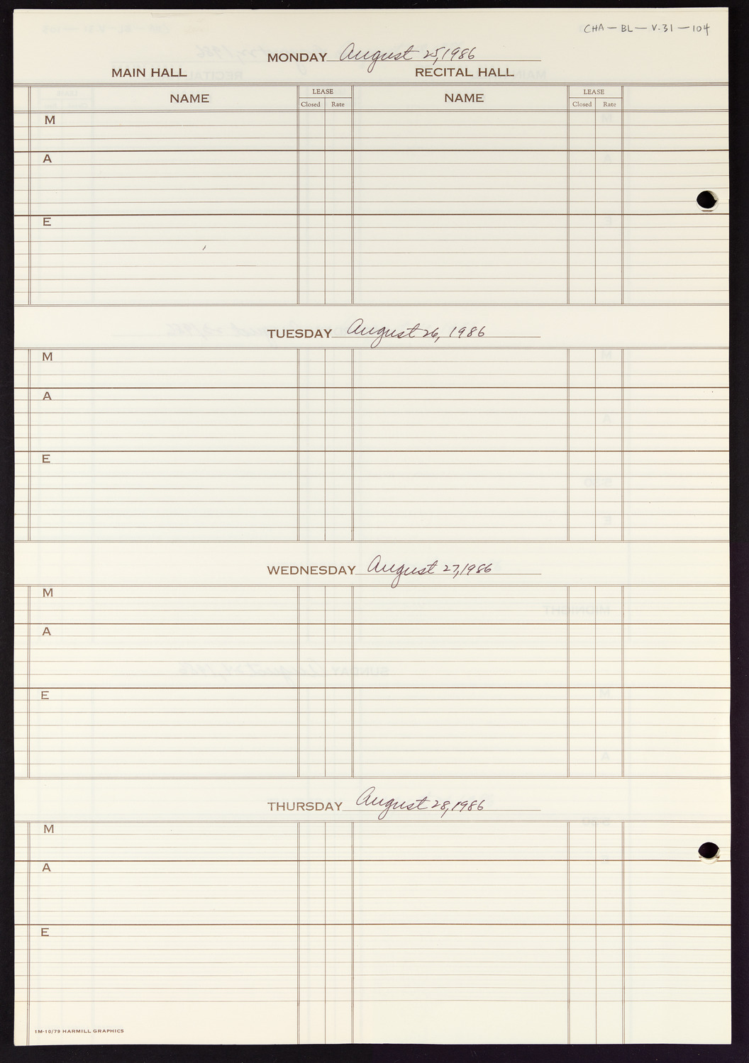 Carnegie Hall Booking Ledger, volume 31, page 104