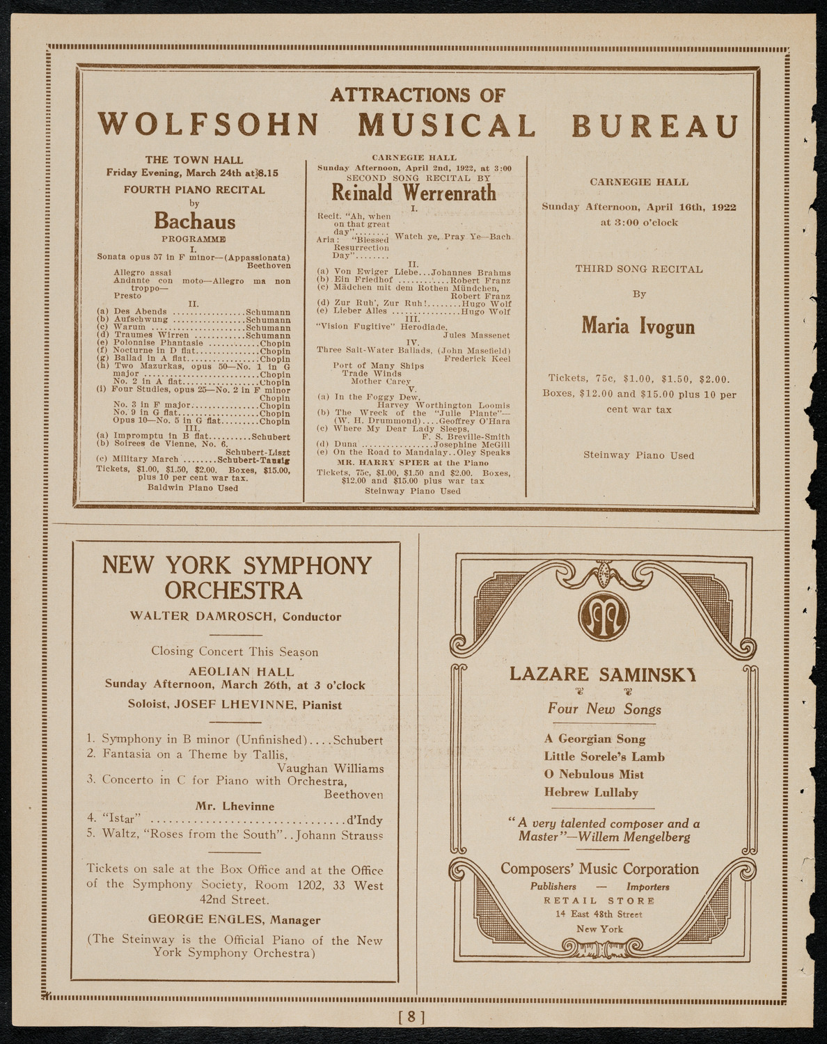 New York Philharmonic, March 23, 1922, program page 8