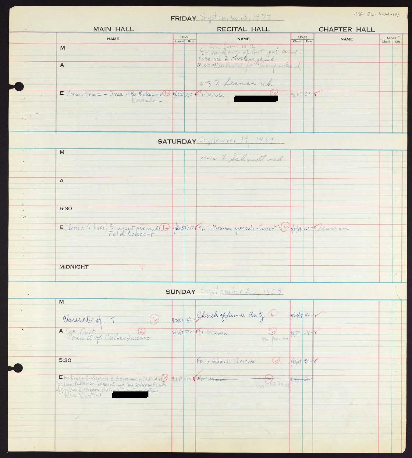 Carnegie Hall Booking Ledger, volume 4, page 103