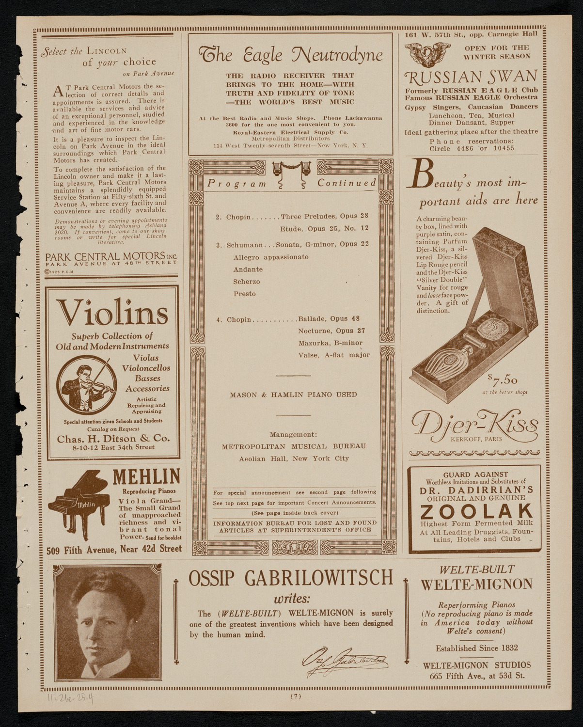 Ossip Gabrilowitsch, Piano, November 21, 1925, program page 7