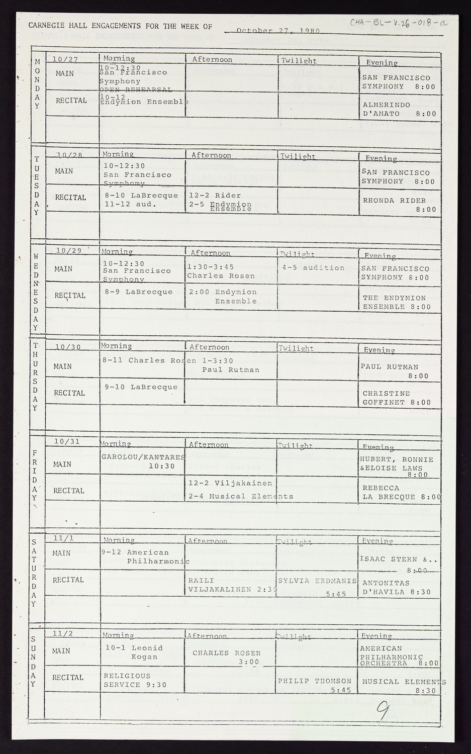 Carnegie Hall Booking Ledger, volume 26, page 18a