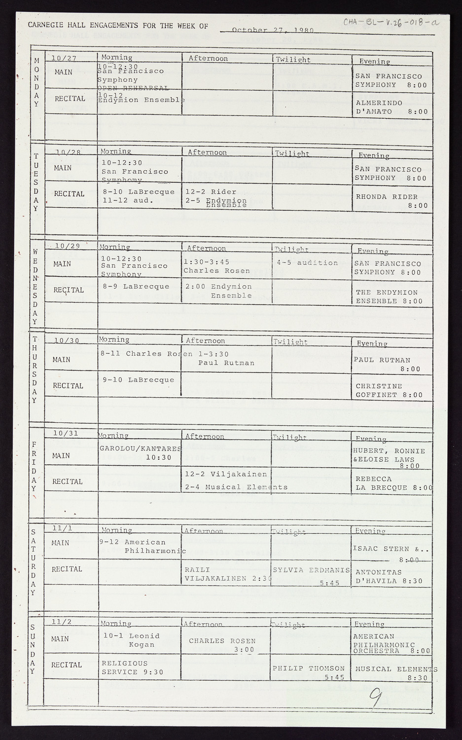 Carnegie Hall Booking Ledger, volume 26, page 18a