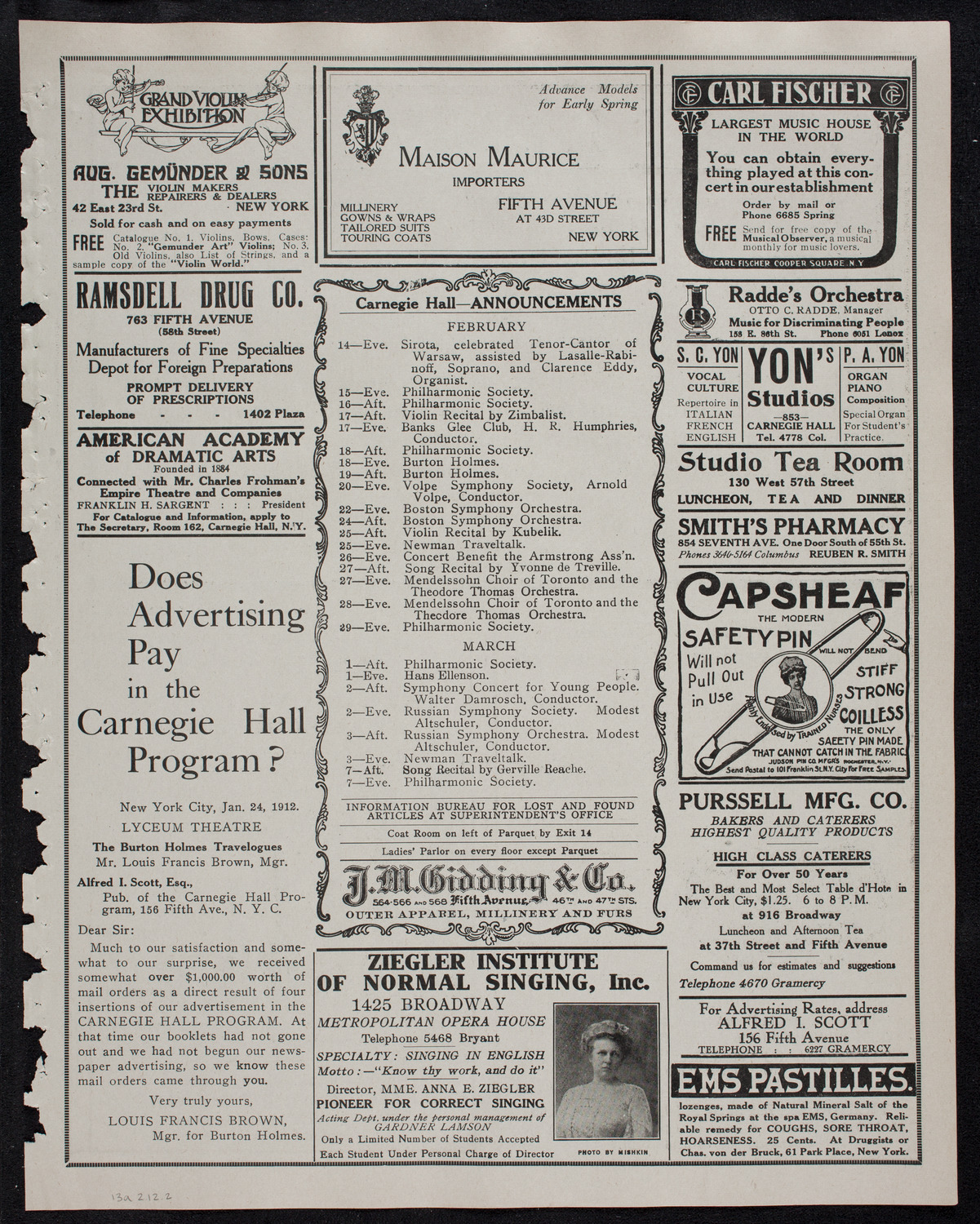 Karl Jörn, Tenor, February 13, 1912, program page 3