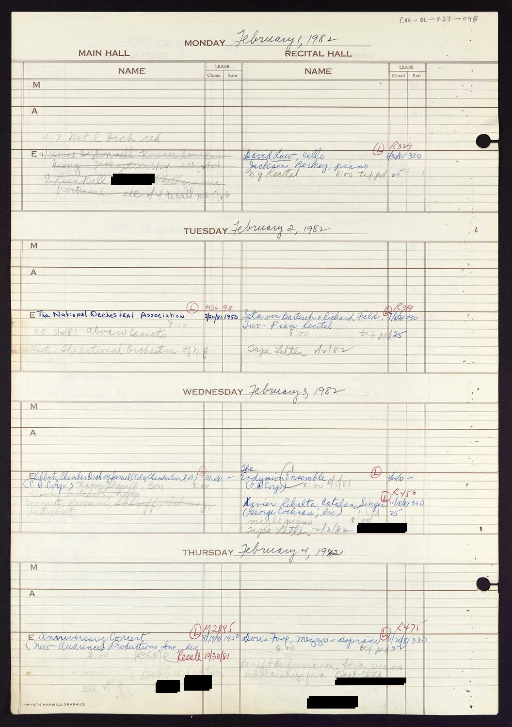 Carnegie Hall Booking Ledger, volume 27, page 48