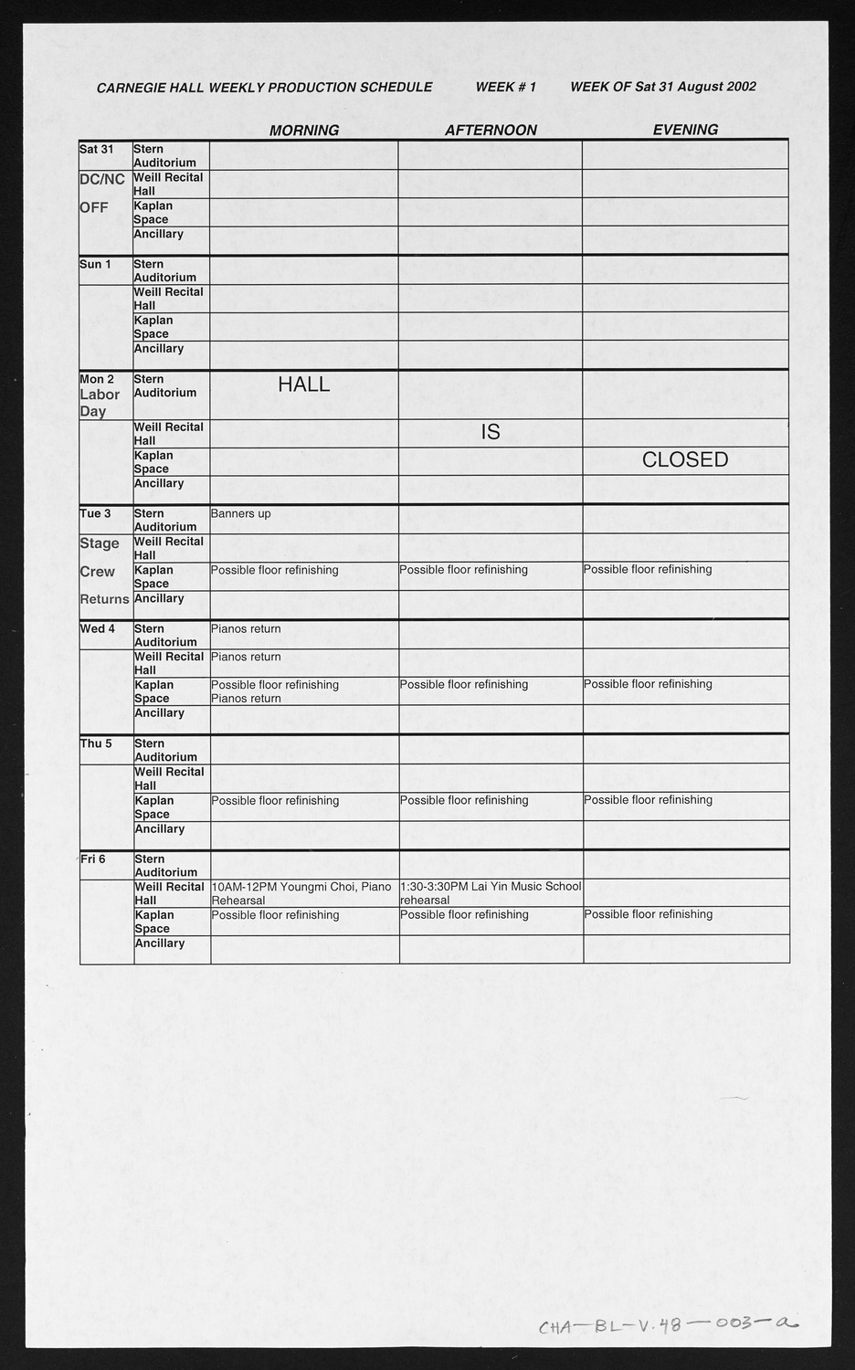 Carnegie Hall Booking Ledger, volume 48, page 3a