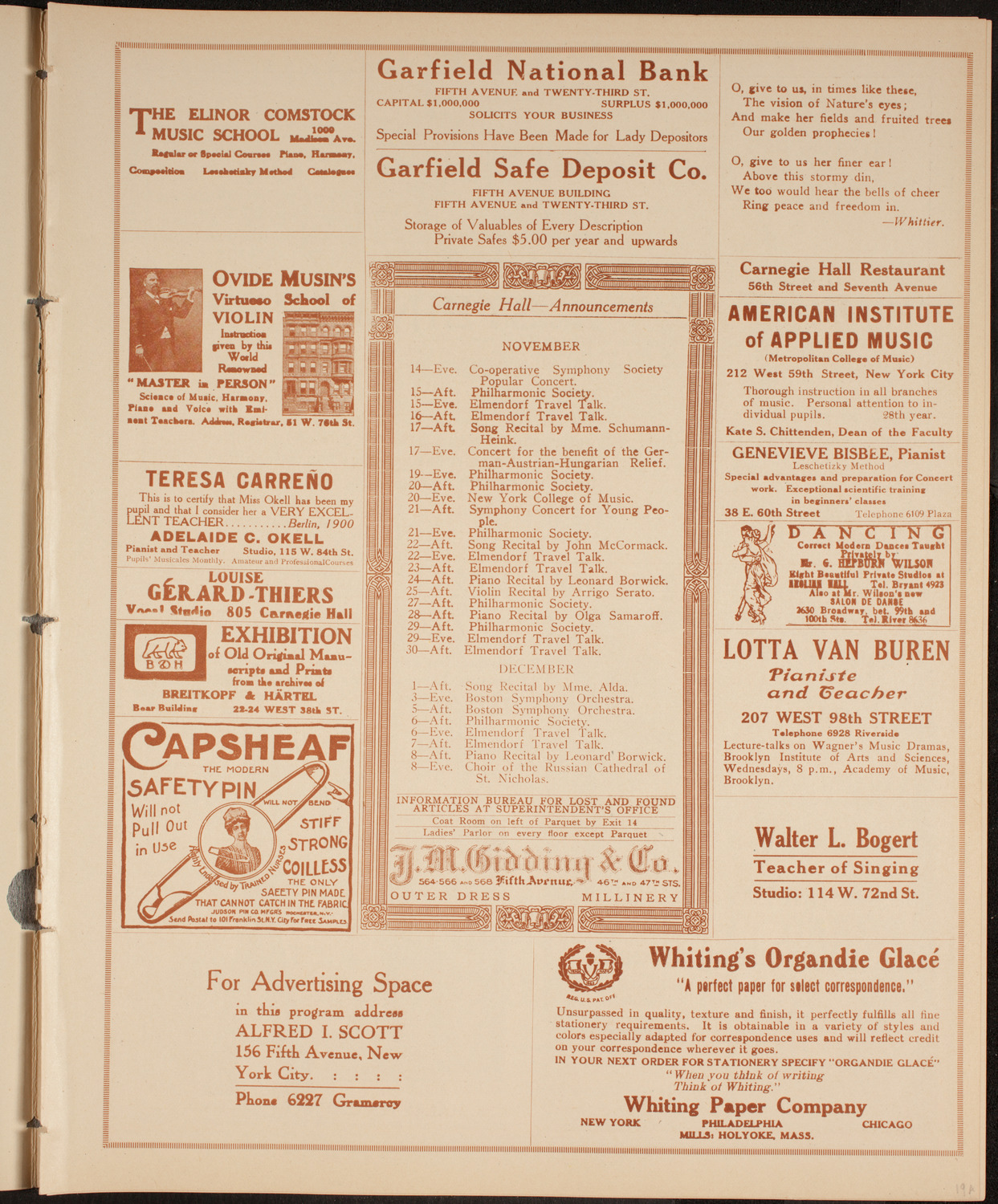 Efrem Zimbalist, Violin, November 14, 1914, program page 3