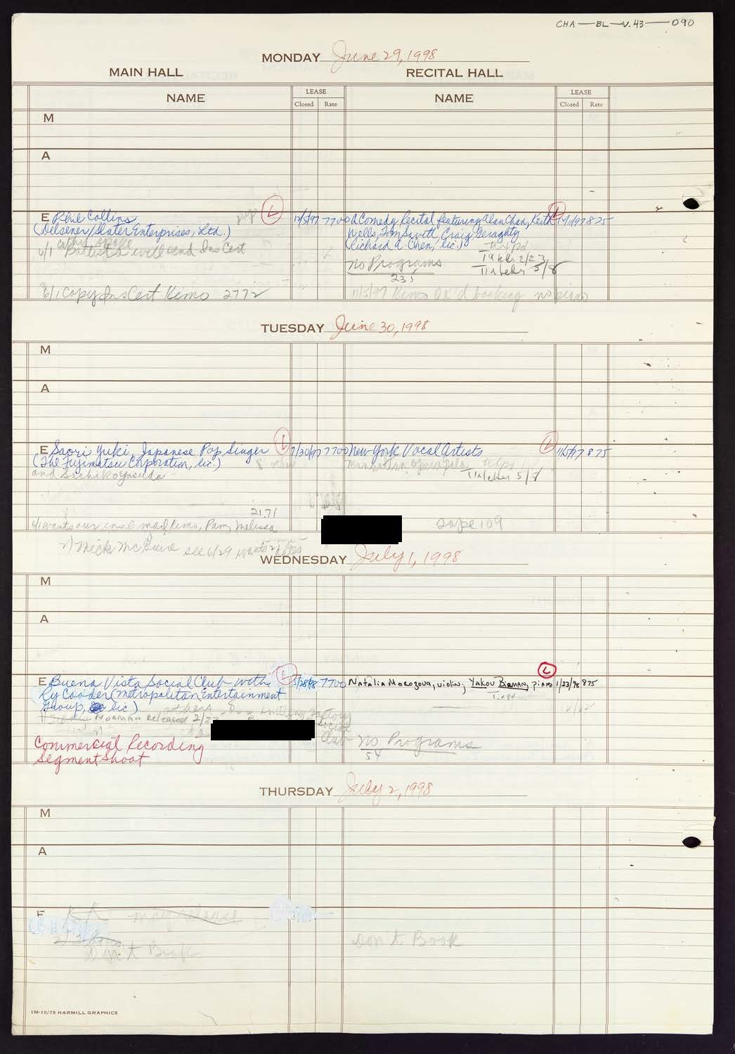 Carnegie Hall Booking Ledger, volume 43, page 90