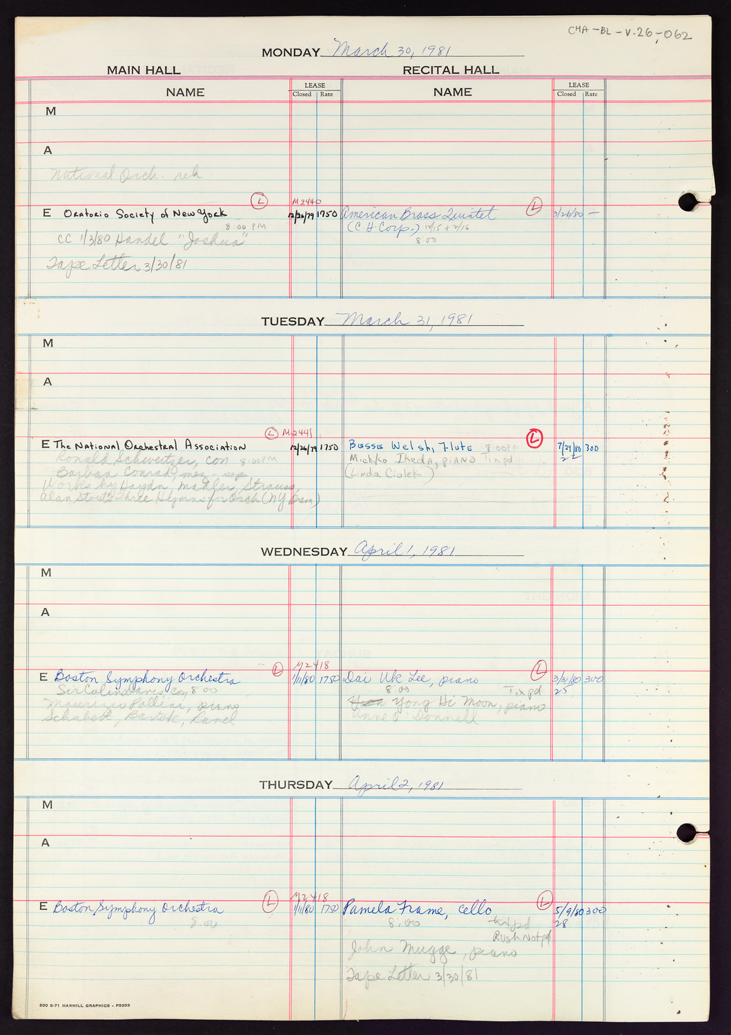 Carnegie Hall Booking Ledger, volume 26, page 62