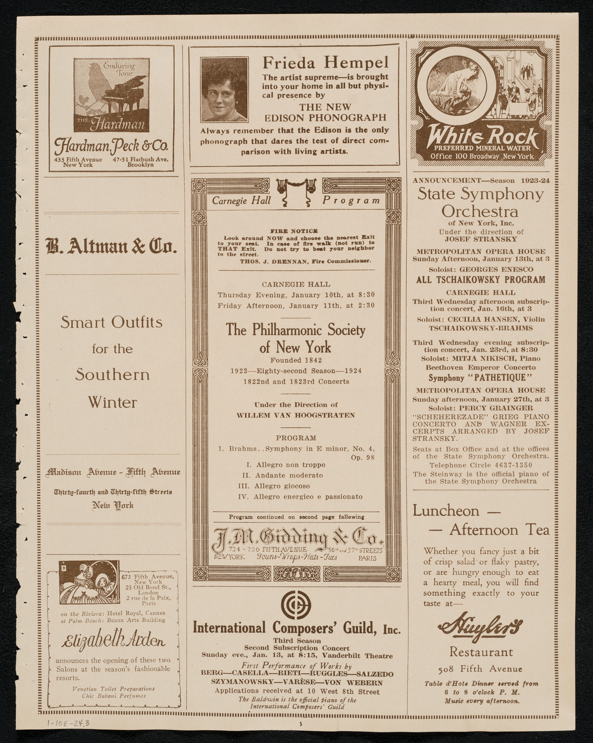 New York Philharmonic, January 10, 1924, program page 5