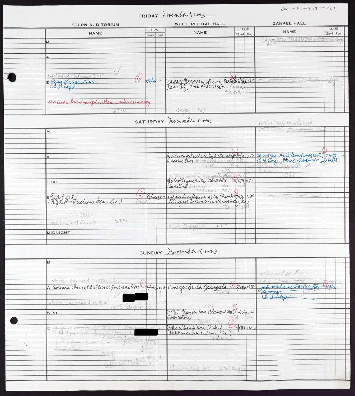 Carnegie Hall Booking Ledger, volume 49, page 23