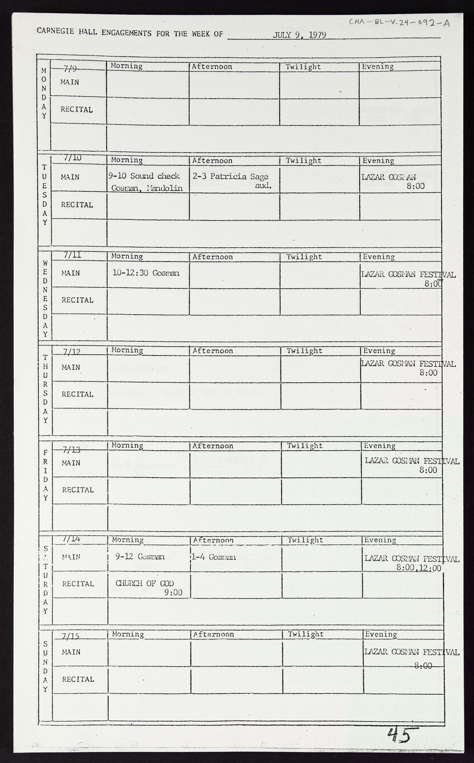 Carnegie Hall Booking Ledger, volume 24, page 92a