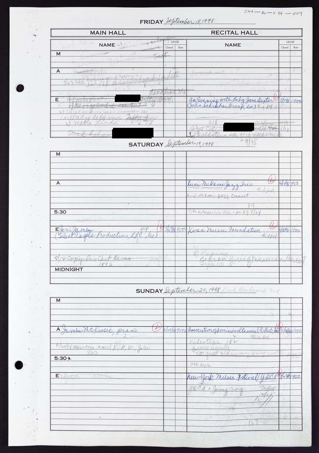 Carnegie Hall Booking Ledger, volume 44, page 9