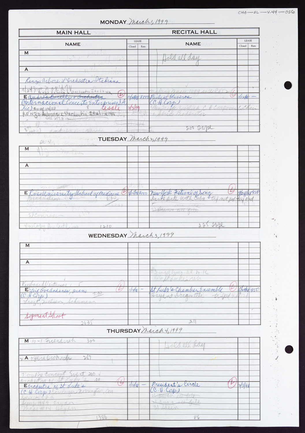 Carnegie Hall Booking Ledger, volume 44, page 56