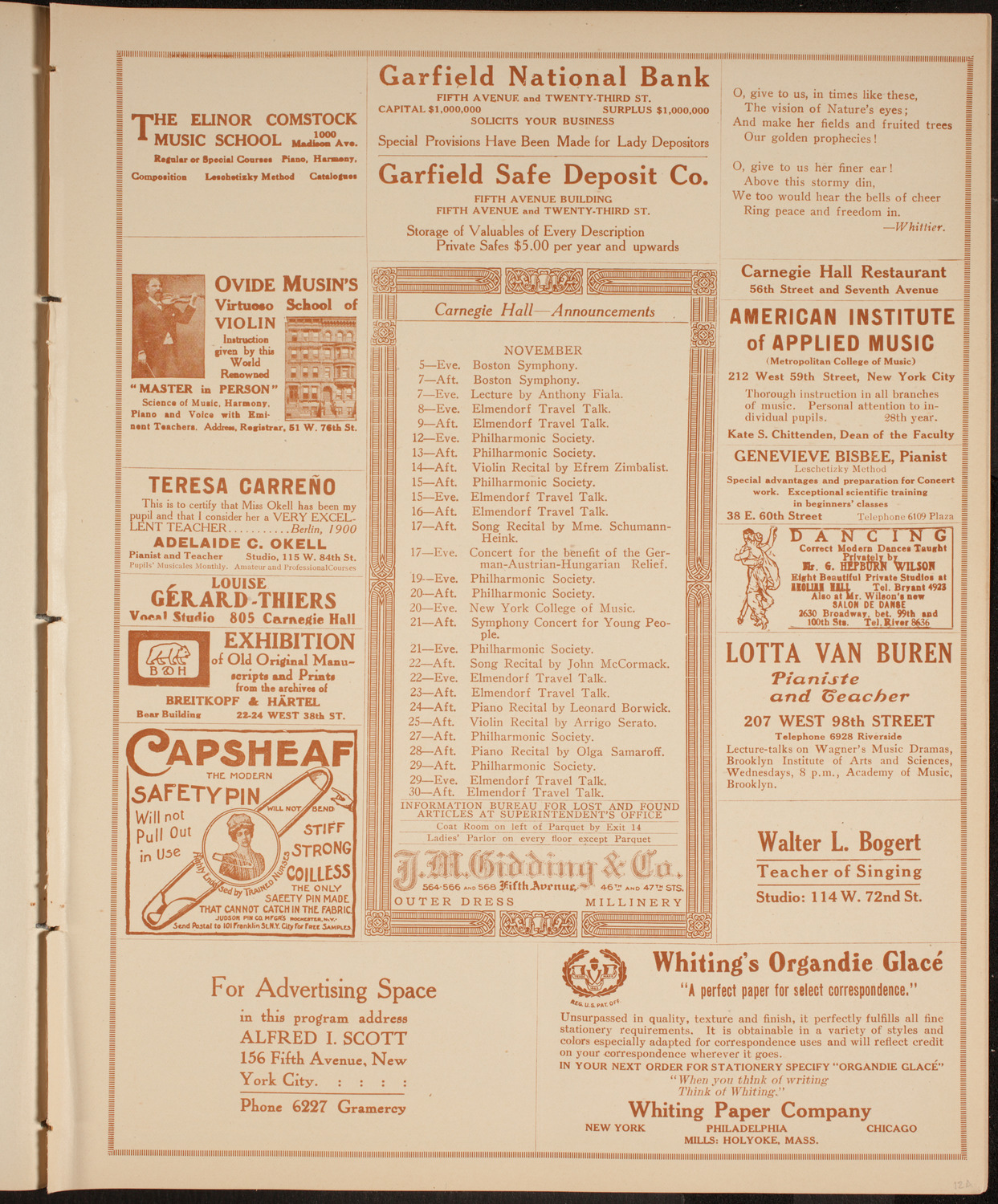 Leonard Borwick, Piano, November 5, 1914, program page 3