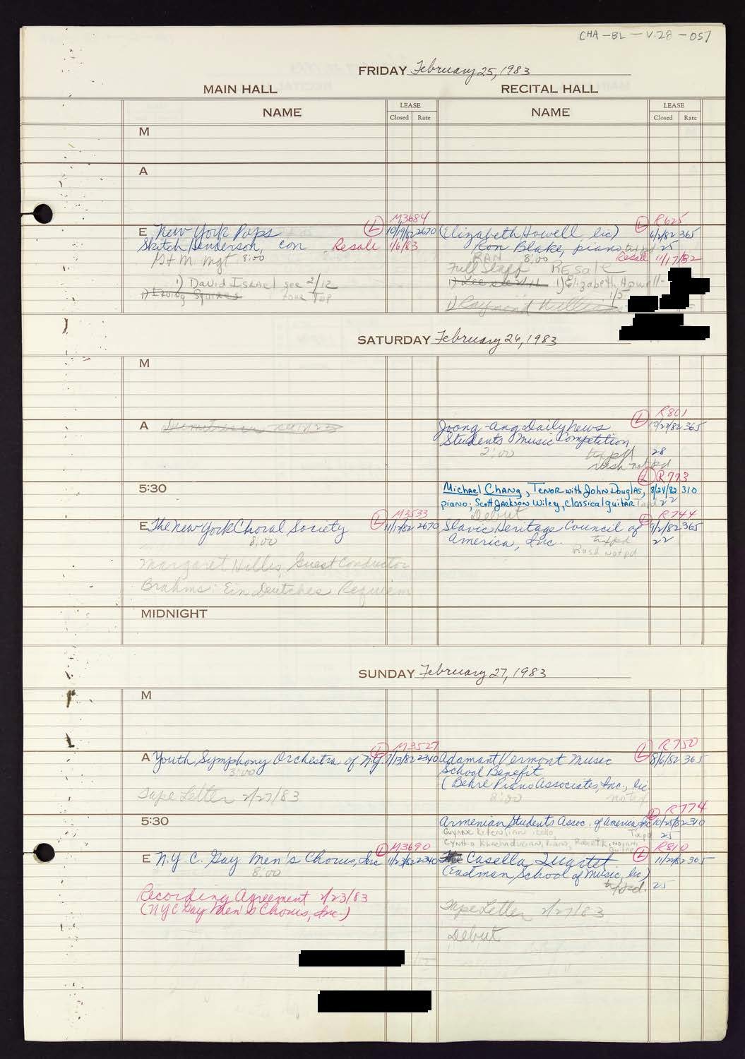 Carnegie Hall Booking Ledger, volume 28, page 57