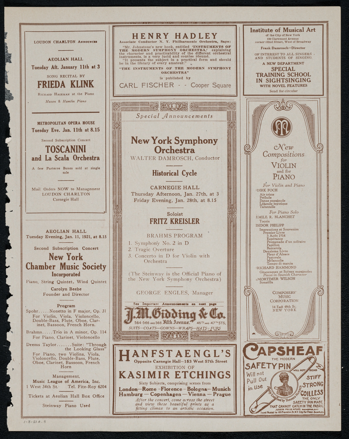 Boston Symphony Orchestra, January 8, 1921, program page 9
