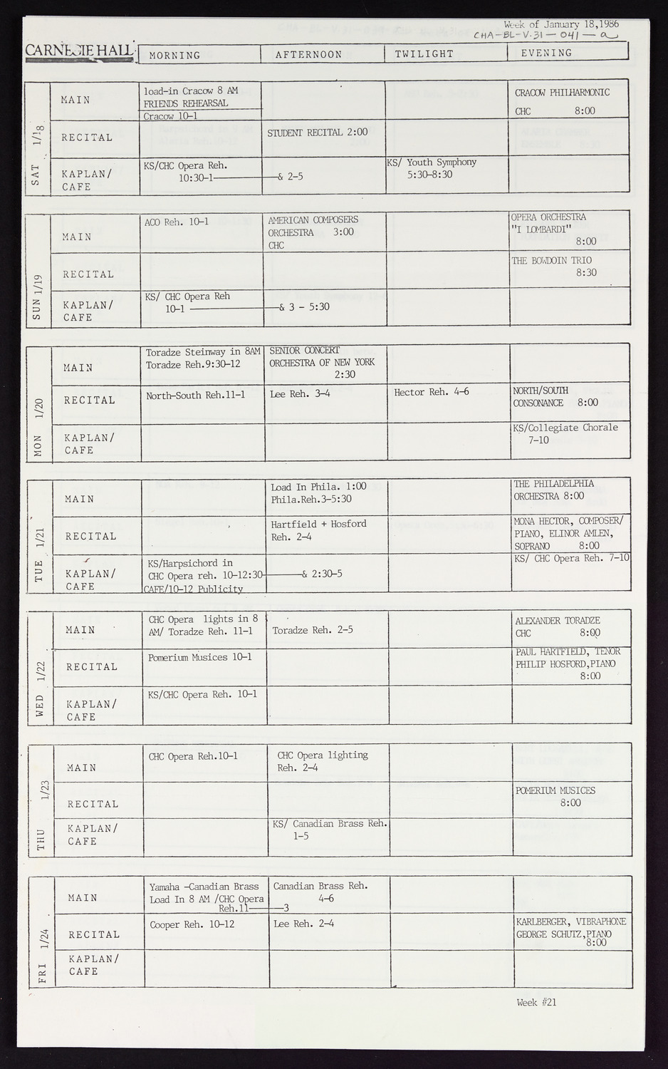 Carnegie Hall Booking Ledger, volume 31, page 41a