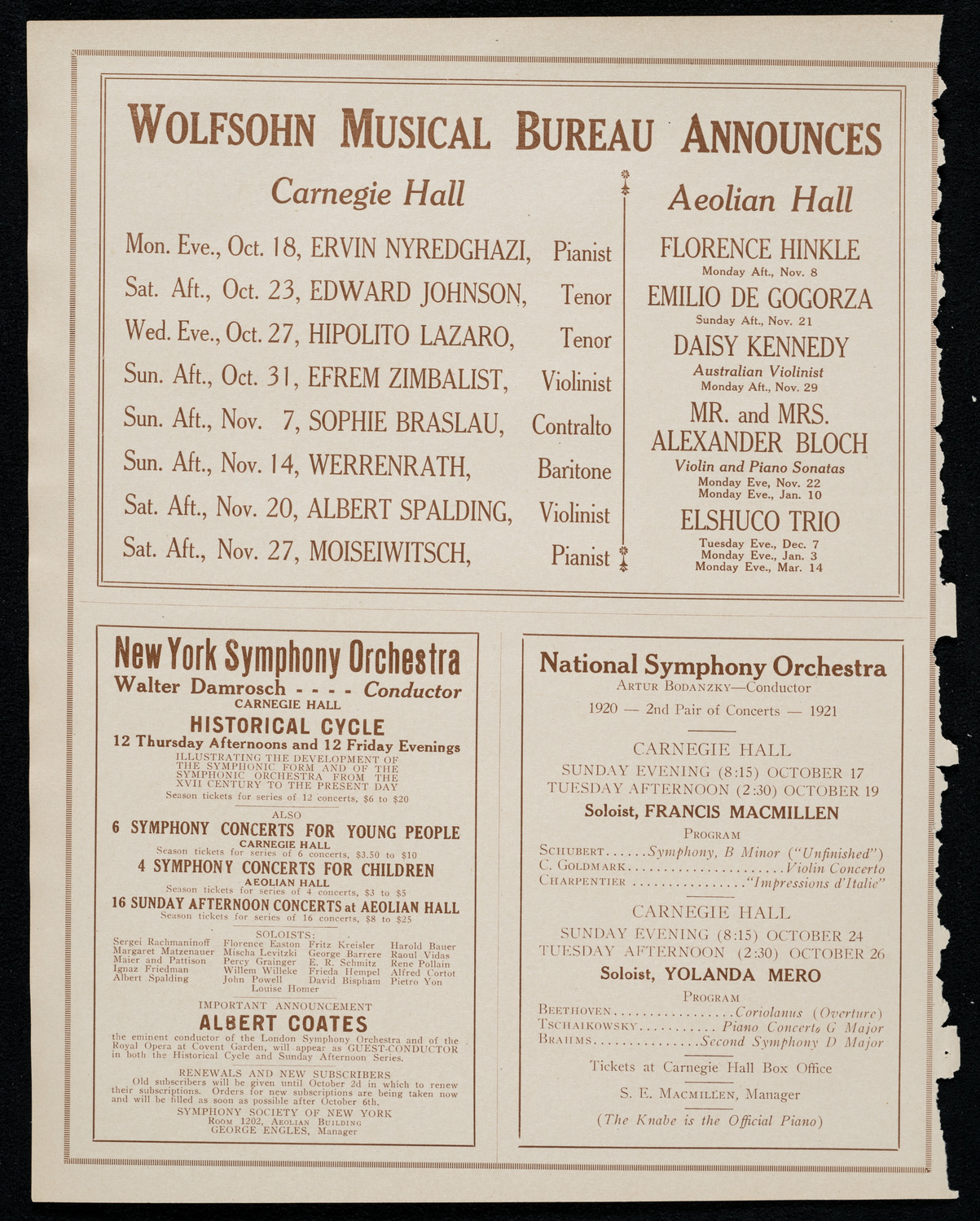 National Symphony Orchestra, October 10, 1920, program page 8