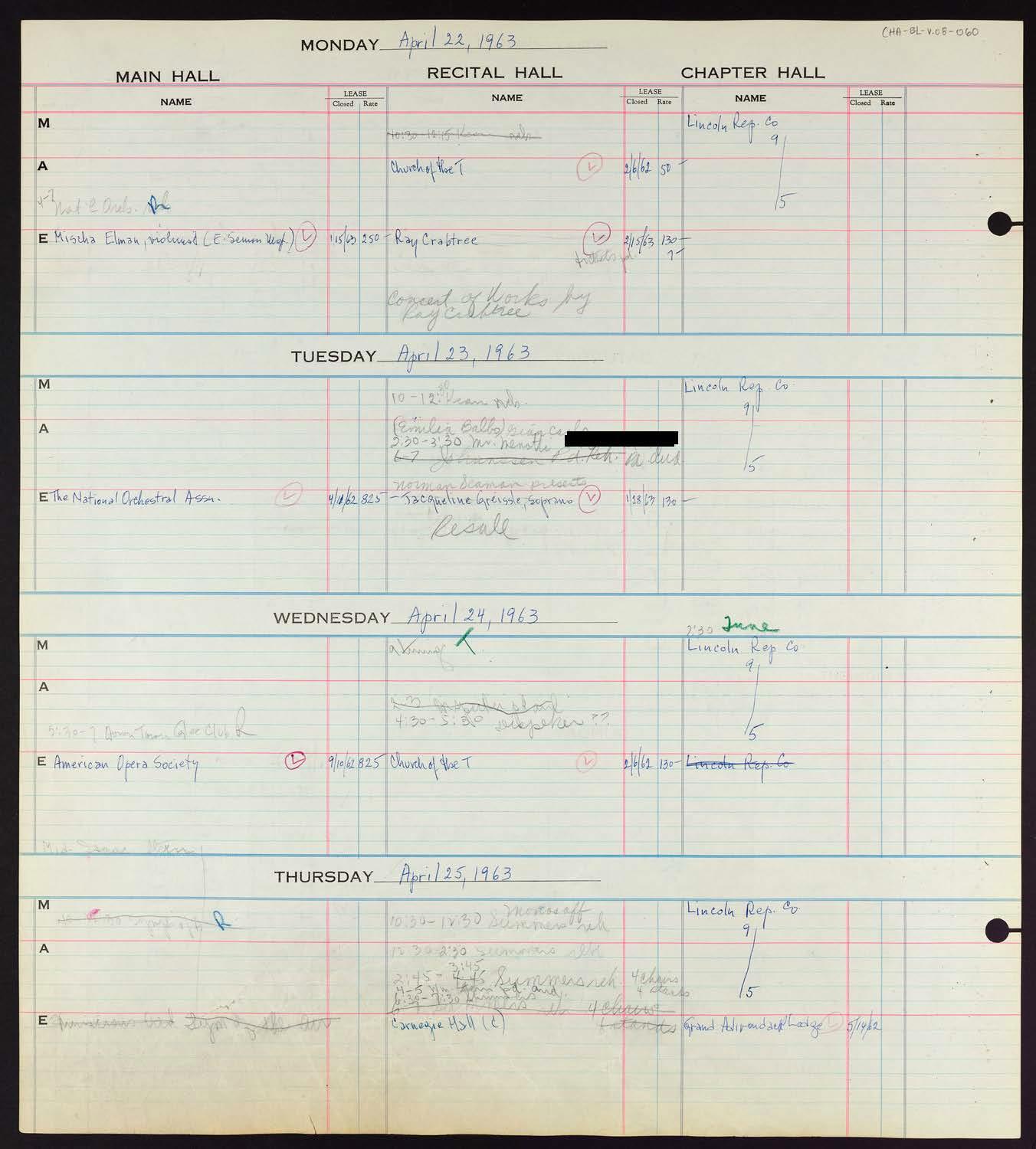 Carnegie Hall Booking Ledger, volume 8, page 60