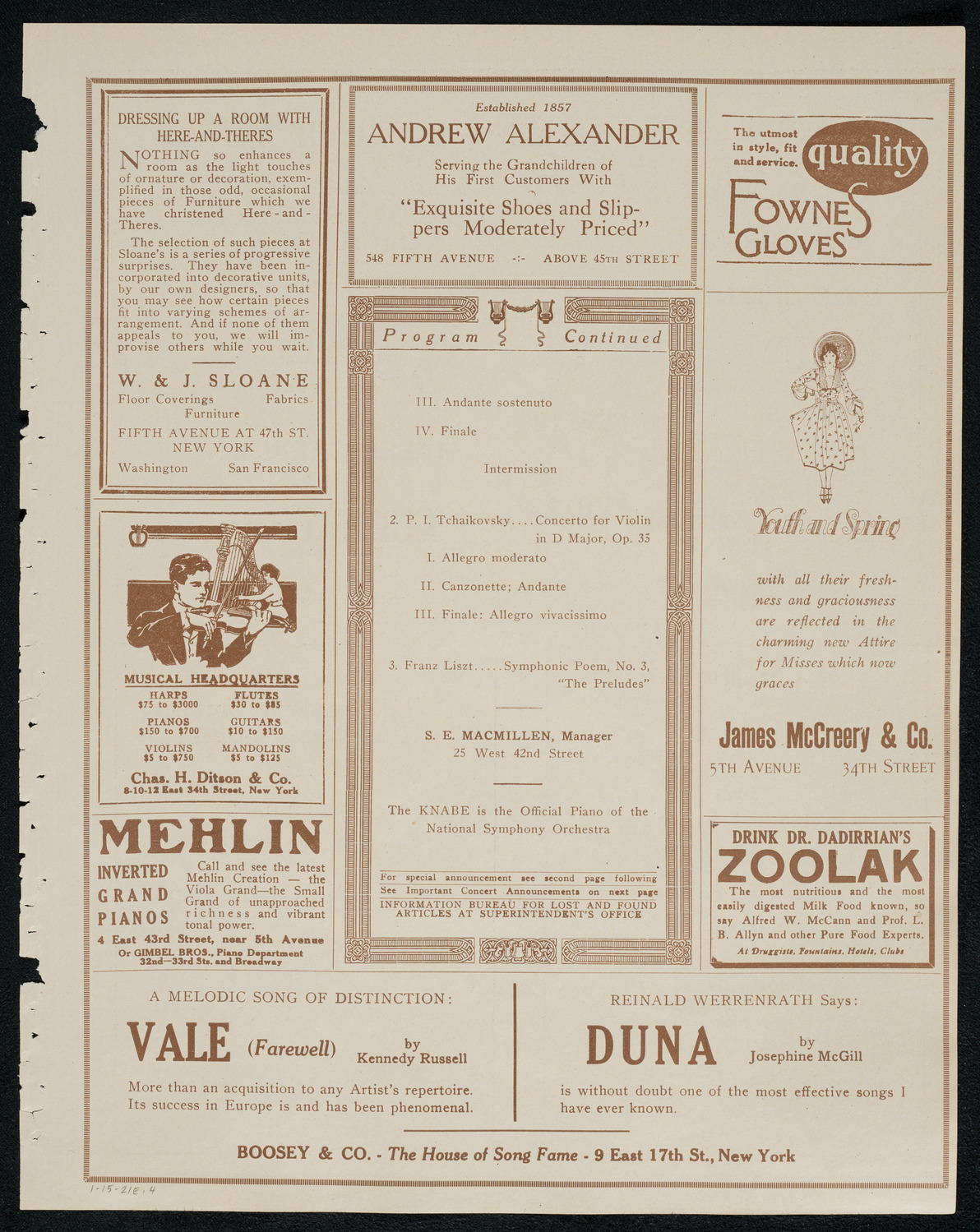 National Symphony Orchestra, January 15, 1921, program page 7