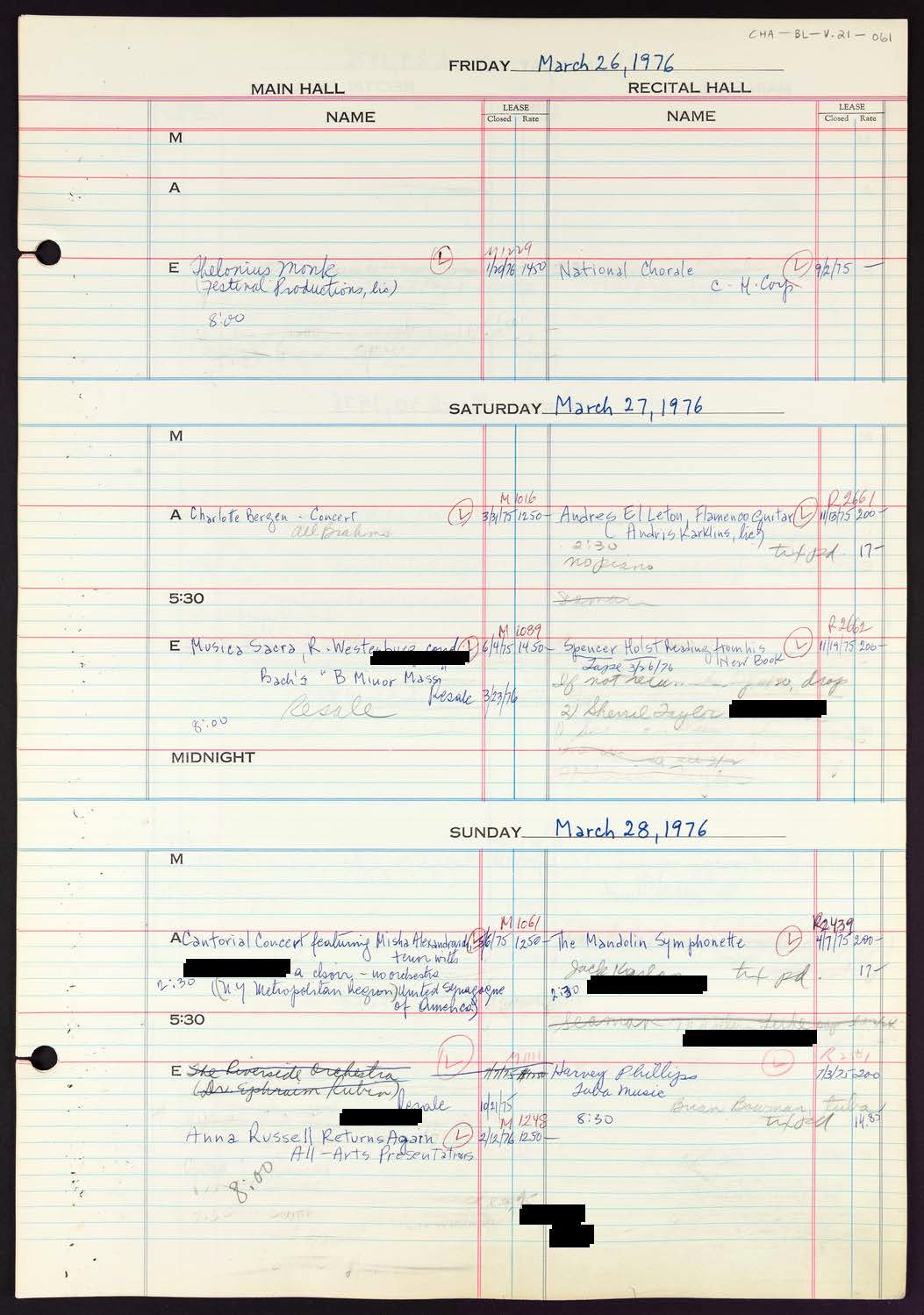 Carnegie Hall Booking Ledger, volume 21, page 61