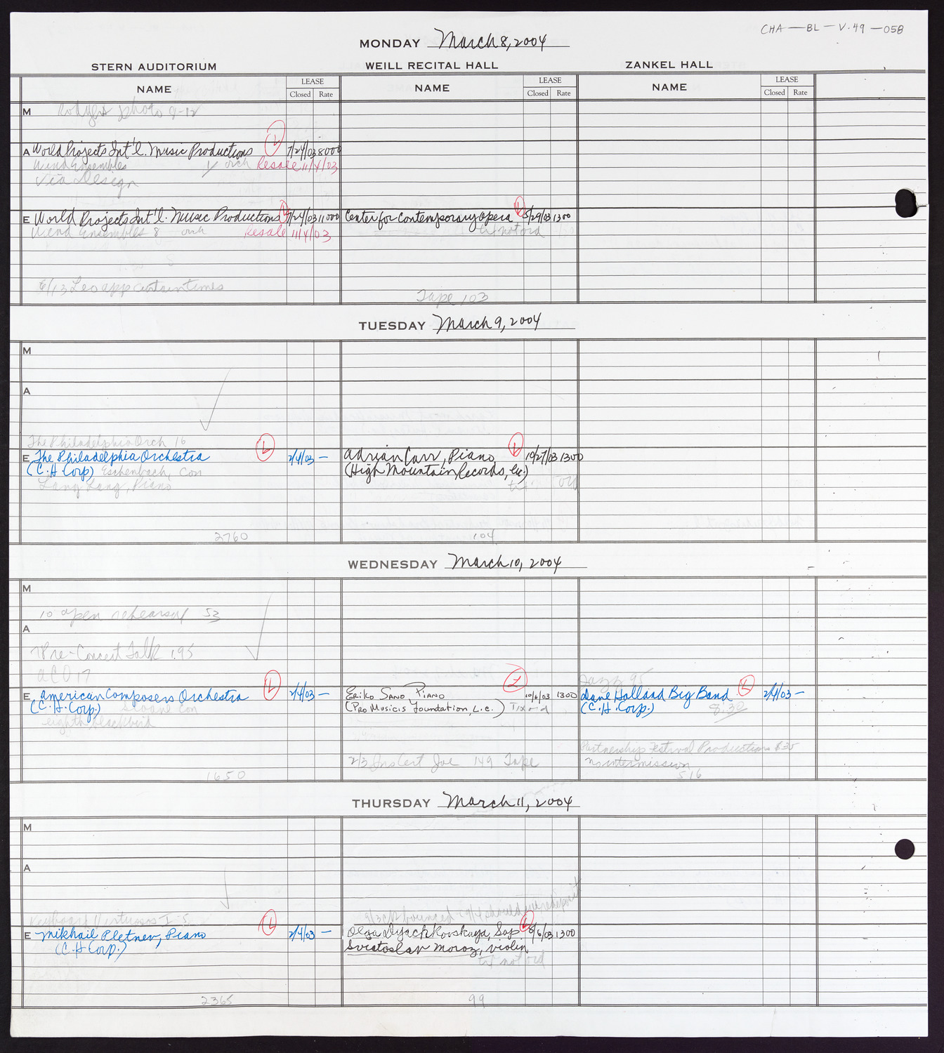 Carnegie Hall Booking Ledger, volume 49, page 58